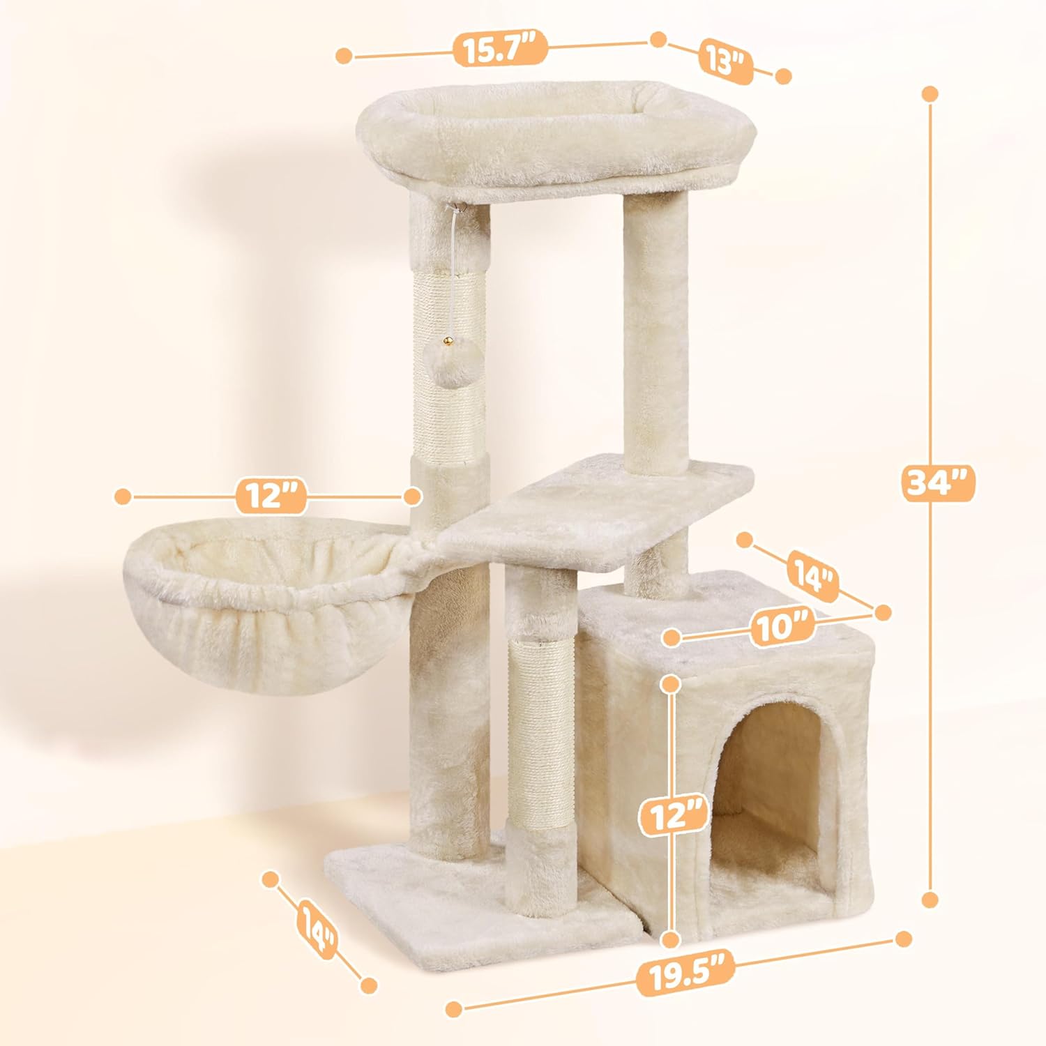 Yaheetech Cat Tree, Multi Level Climbing Tower for Indoor Cats, Pet Activity Center Scratching Post Indoor Furniture Bed with Basket for Kittens, Beige