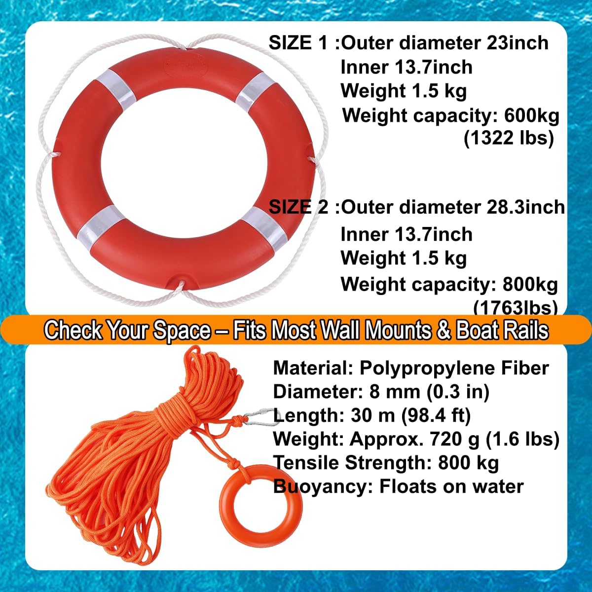 Life Ring Buoy Boat Safety Throw Ring with Water Floating Lifesaving Rope 98.4FT Set, Outdoor Professional Marine Grade Throwable Flotation Device for Boat Dock Pool Lake Rescue
