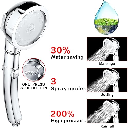 Miniatura 2 de Nosame Ducha, cabezal de ducha de mano de alta presión con interruptor de pausa de encendidoapagado, 3 ajustes, cabezal de ducha de ahorro de agua,