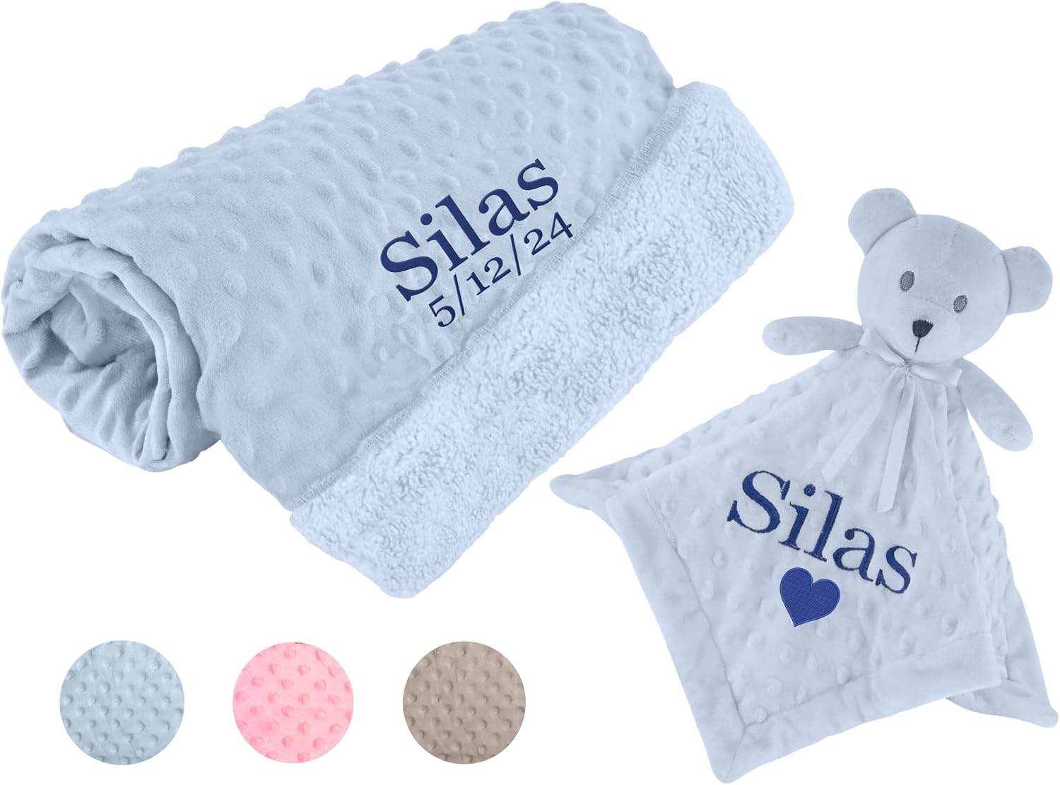 Personalized Passion Baby Blanket & Lovey Set - Super Soft Baby Swaddle Set with Embroidered Name, Birthdate - Newborn Blue Minky Blanket & Teddy Security Lovey for Girls and Boys