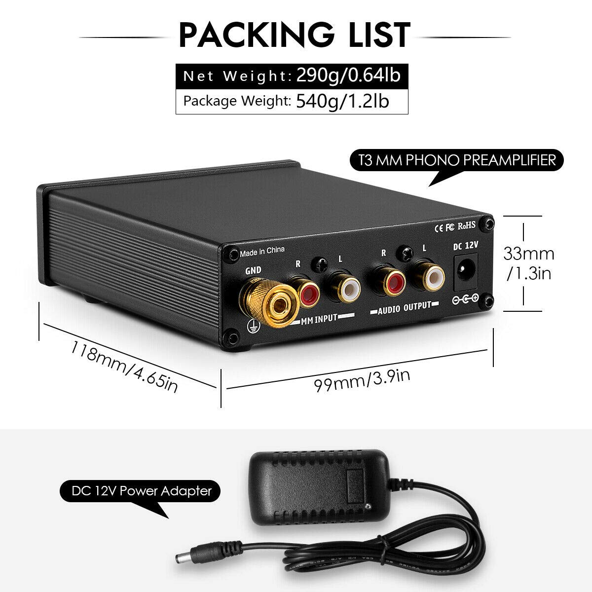 Nobsound T3 MM Phono Preamplifier and DC 12V Power Adapter in packaging