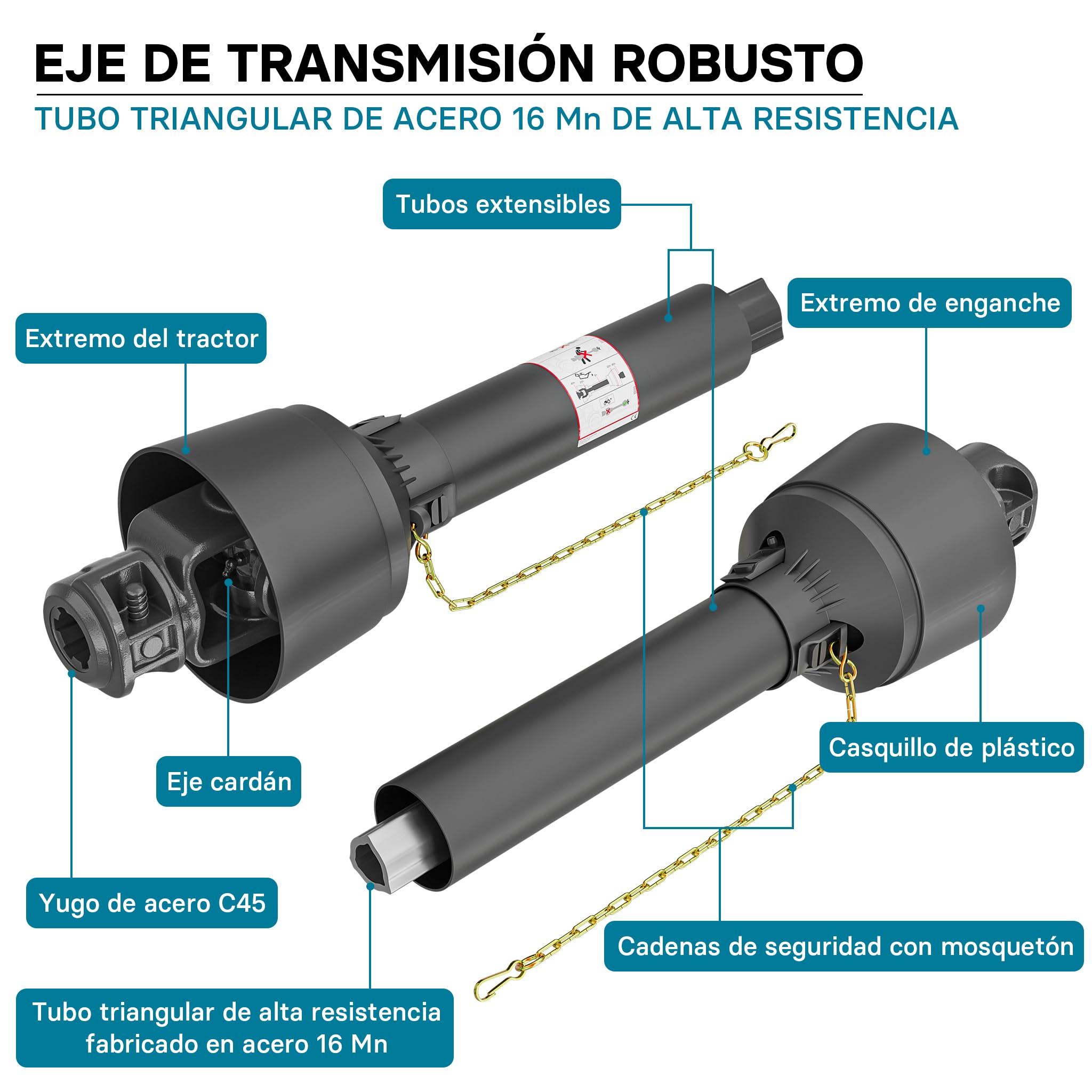 Eje Transmisión PTO Eje Cardán Toma Fuerza T5 WilTec 1800-1980mm - 620Nm  540rpm Para Tractores Eje Toma Fuerza 540rpm