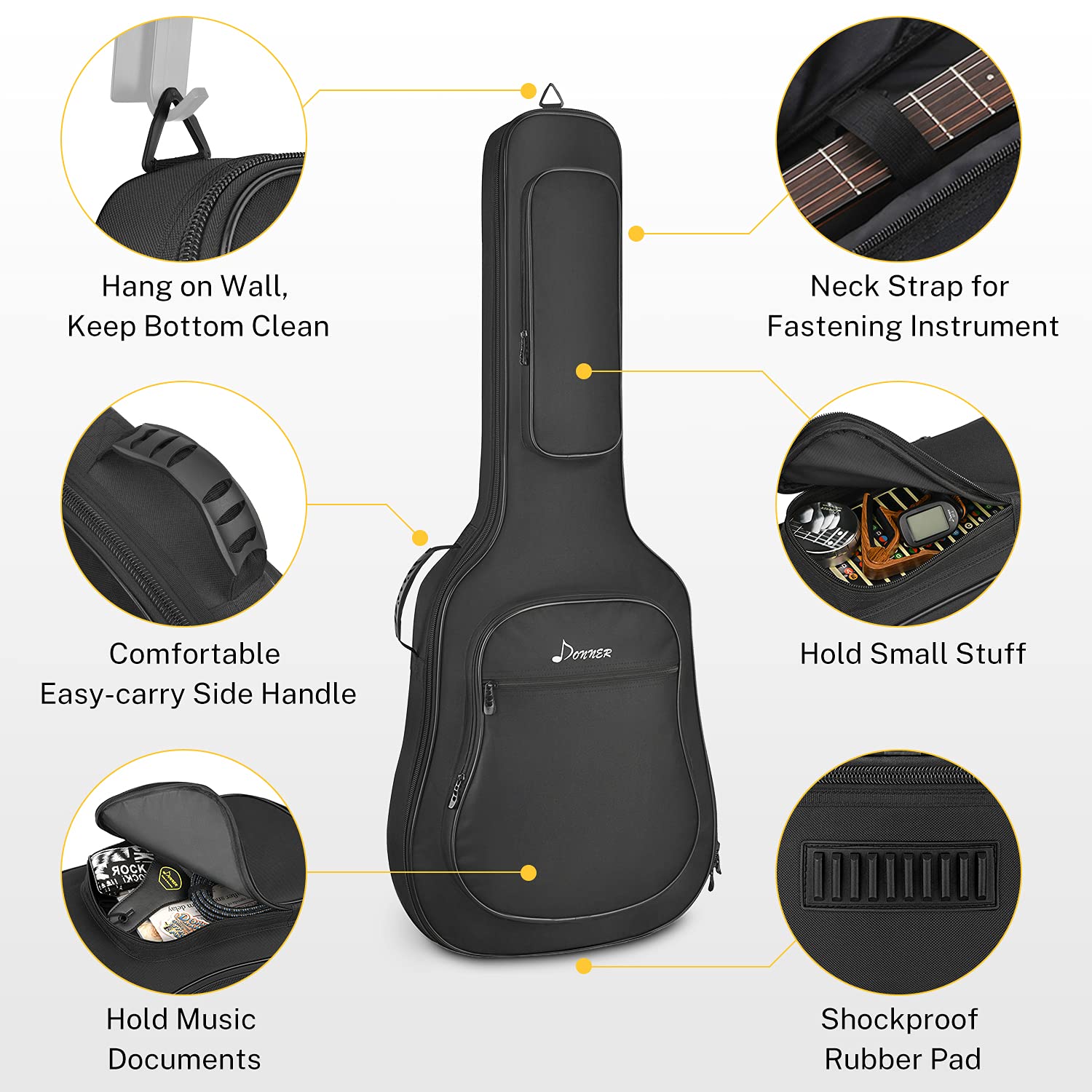 Donner - Funda de Guitarra acústica Suave con Esponja Acolchada de 12 mm, con Nailon Oxford 600D Resistente al Agua Interior no Tejido y Dos Bolsillos, Color Negro
