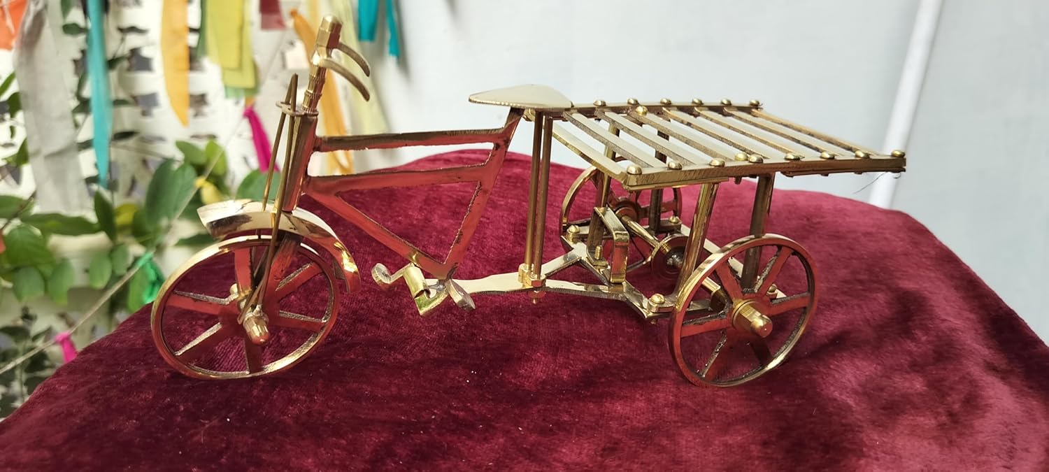 Generic Brass Mini Cycle Cart Miniature, Captivating Artistry, Nostalgic Indian Street Vendor Cart, Golden
