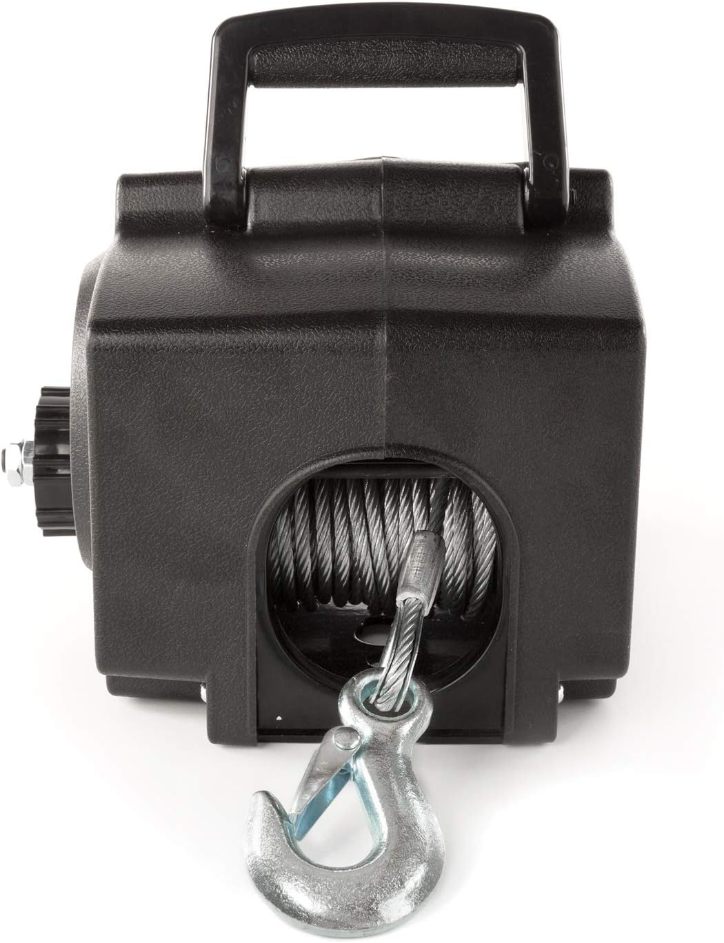ດ້ານໜ້າ view of the Kimpex Portable Electric Winch unit, highlighting the cable exit and hook.