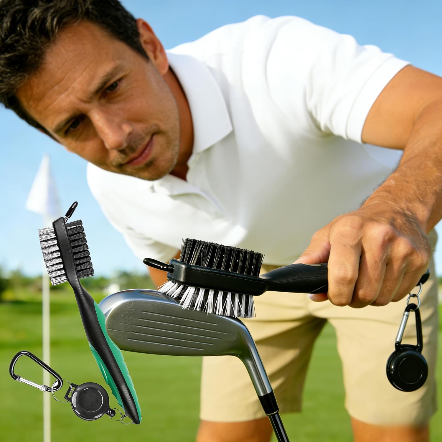 Golf Club Brush Dual Sided Multi Color Grip Cleaner for Putter Iron and Wood Clubs On Course Driving Range and Travel Use, Green