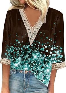 Long Sleeve T Shirts Women Multipack, Summer Fashion V Neck Seven Quarter Sleeve Flower Gradient Printing Loose Ladies T Shirt Glitter Beach Promotions Festival Essentials