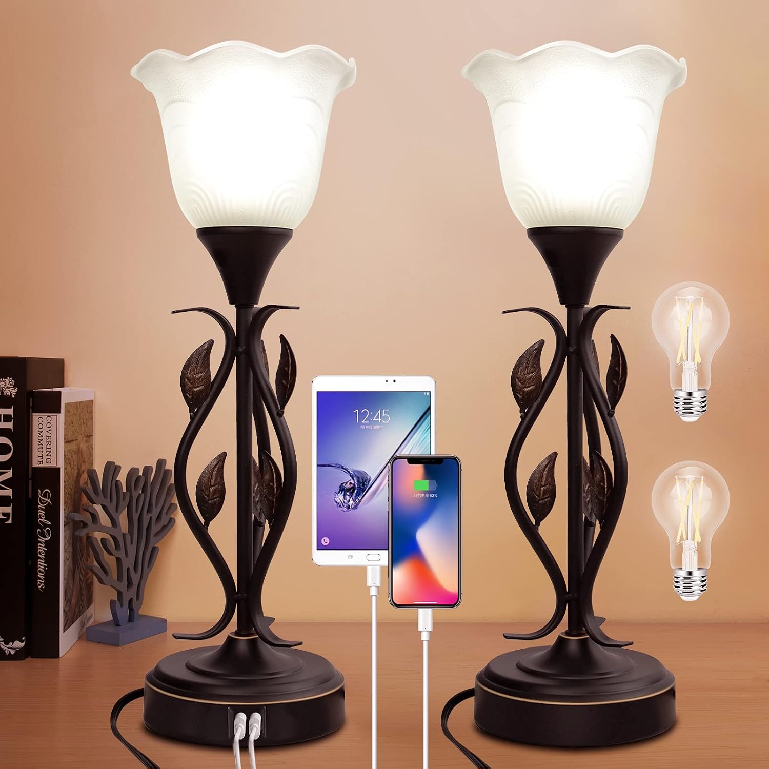 Bedside Lamp Table Lamps for Bedrooms Set of 2 Pack Table Lamp with USB Port Nightstand Lamps with Leaf 3 Way Dimmable Touch lamp with Glass Trumpet Flower Shade Lamp for Living Room Set of 2 Bed Lamp