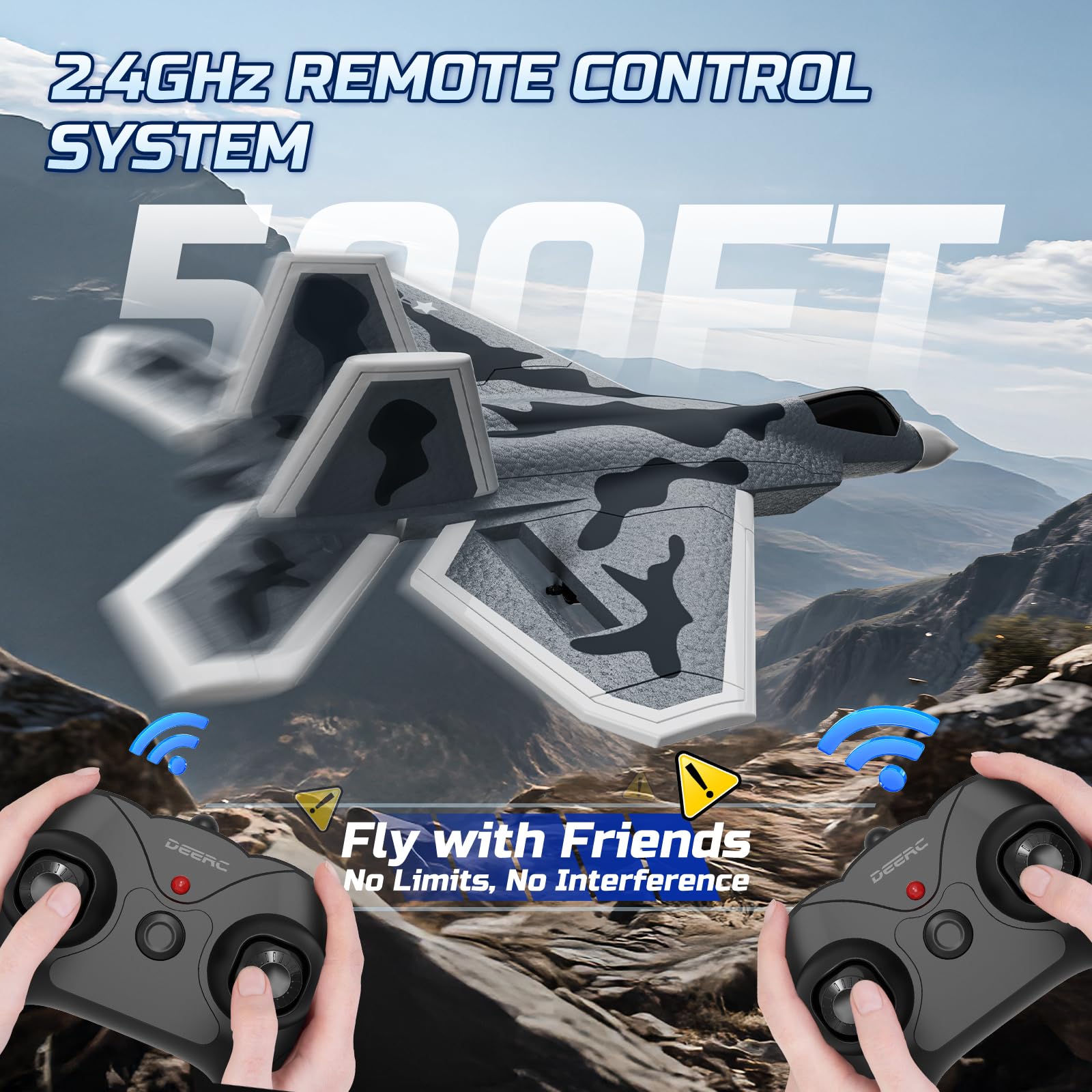 DEERC 2CH F22 Avion Teledirigido con Luces, Avión RC Combate Control Remoto, Planeador RTF con Estabilizador Giroscópico de 6 Ejes de 2.4 GHz y 2 Baterías, Fácil de Volar para Niños y Principiantes.