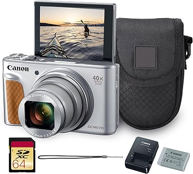 Canon PowerShot SX740 HS Digital Camera Silver 20.3MP, 40x Optical Zoom, 4K UHD Video, Wi-Fi & Bluetooth, Compact Travel Point & Shoot 2956C001 + Bag + 64GB Memory Card
