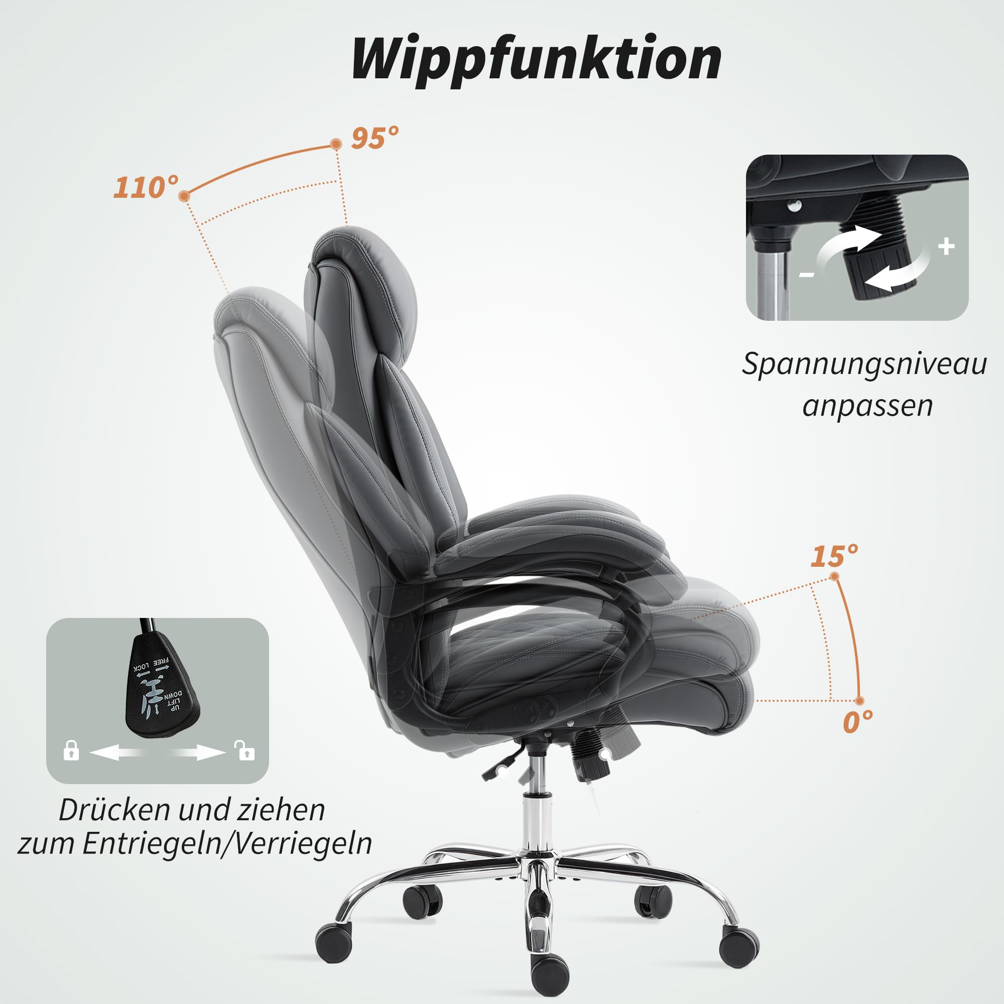 HOMCOM Bürostuhl mit Hoher Rückenlehne Wippfunktion PU-Leder Anthrazitgrau | Ergonomischer Chefsessel, Höhenverstellbarer Gepolsterter Computerstuhl, Kopfstütze, Drehbare Räder