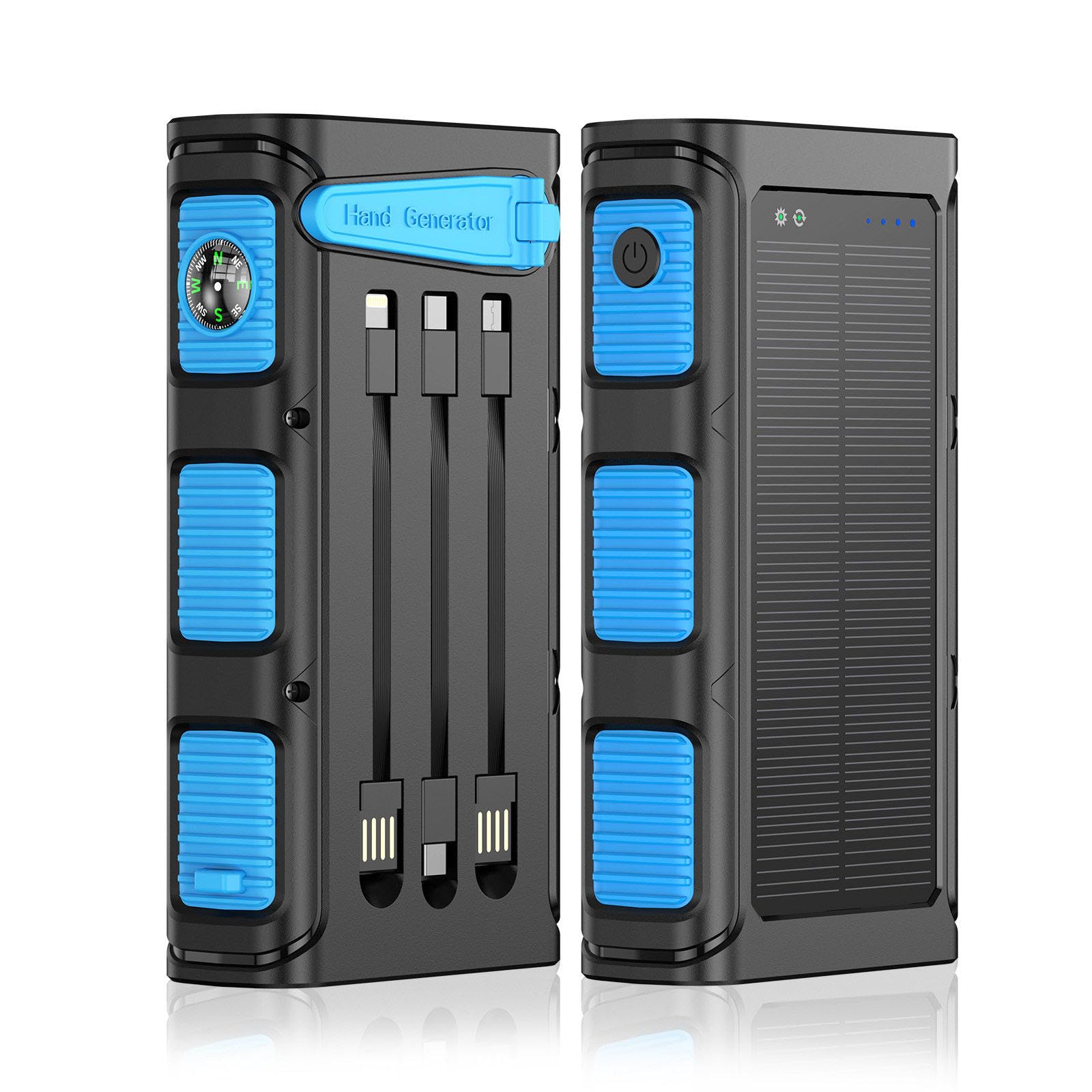 RIDAEX Batterie Externe Solaire alimentée à la Main, 30000Mah, Filaire, pour Camping en Plein air, Pd20W, Charge Rapide, livrée avec Trois câbles de Charge,Blue-10000mAh