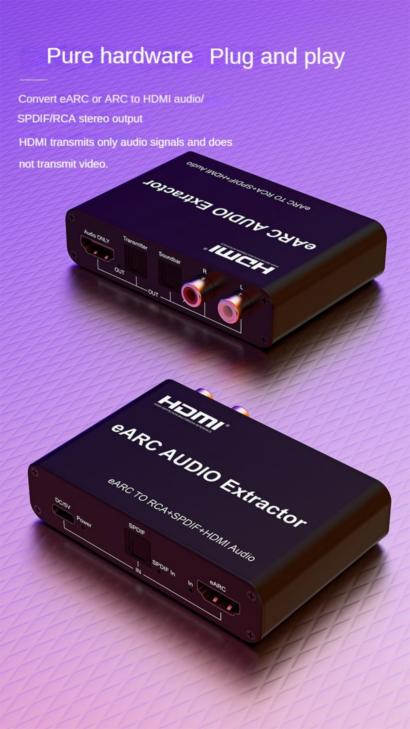 Ekstraktor audio HDMI eARC ARC, Dolby Atmos 7.1-kanałowy konwerter audio, adapter rozgałęźnika HDMI 720P eARC na RCA SPDIF do TV, odtwarzacza DVD i listwy dźwiękowej