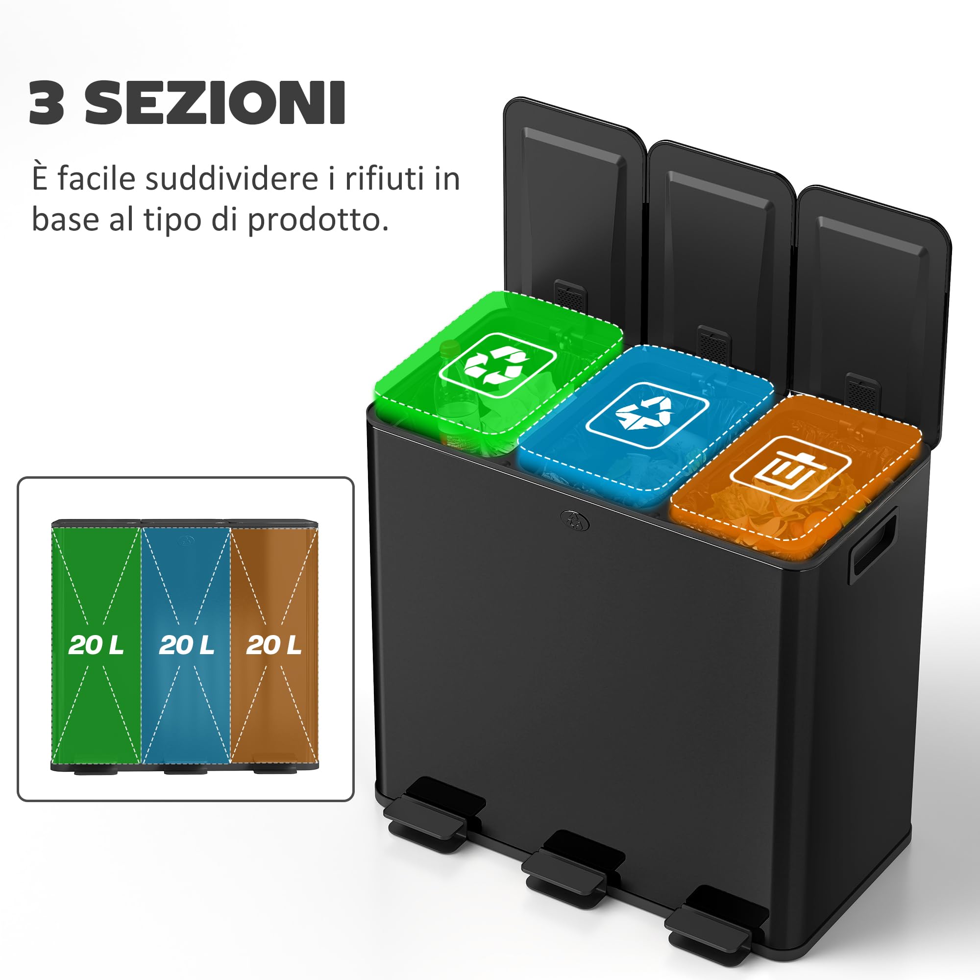 HOMCOM Pattumiera Differenziata 3 Scomparti 20L da Cucina a Pedale, Cestino Spazzatura con 3 Coperchi a Chiusura Silenziosa in Acciaio Inox e PP, 61.9x36.6x56.7 cm, Nero