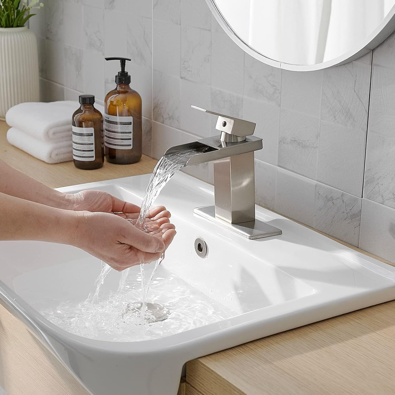 Homevacious Brushed Nickel Bathroom Faucet Waterfall Bathroom Vanity Sink Faucet Single Handle with Pop Up Drain and Deck Plate Modern Single Hole Lavatory Basin Commercial Faucets Mixer Tap