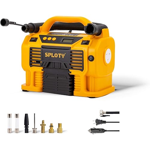 SPLOTY Air Compressor Tire Inflator,110V AC or 12V DC Tire Compressor,5 Extra Nozzles Compressor Tire Inflator,11Bar/160Psi(Max) Electric Tire Inflator for Cars, Bicycles,Sport Balls, Air Bed Etc.