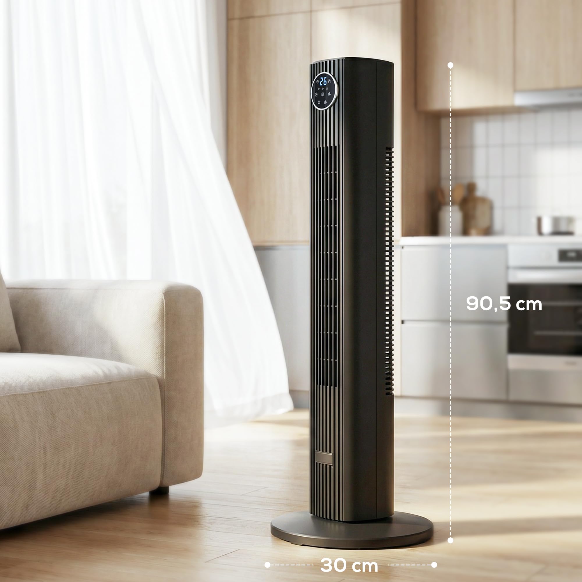 HOMCOM Ventilateur colonne silencieux 28dB, vitesse 8m/s, ventilateur tour pour chambre, 90,5cm de haut, moteur BLDC, oscillant 80°, écran LED, télécommande, 12 vitesses, 4 modes, minuterie 12H, noir