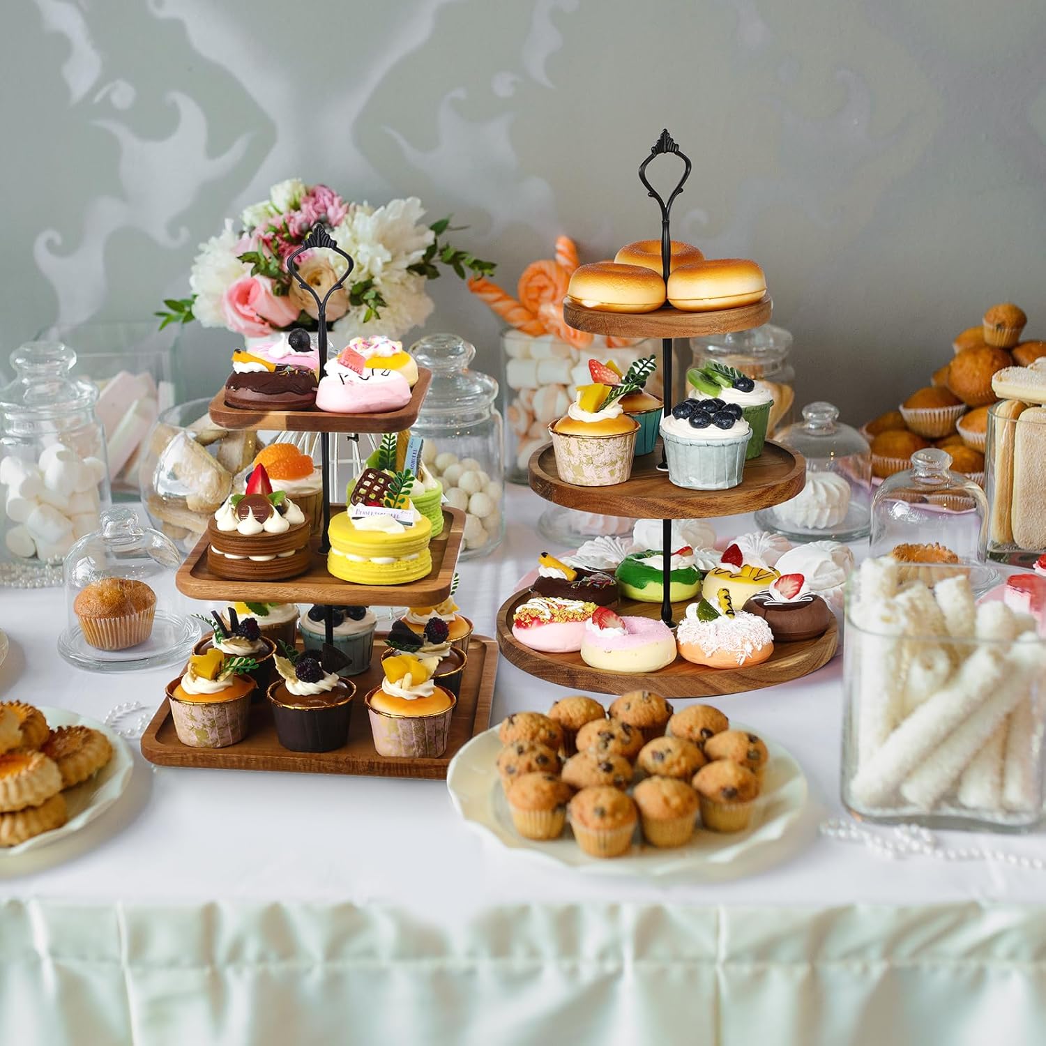 Zopeal 4 Pcs 3 Tier Serving Tray Square Wooden 3 Tiered Cake Stand Round Acacia Wood Serving Stand Rustic Cupcake Stand for Dessert Farmhouse Serving Stand Display for Wedding Tea Party - Image 5