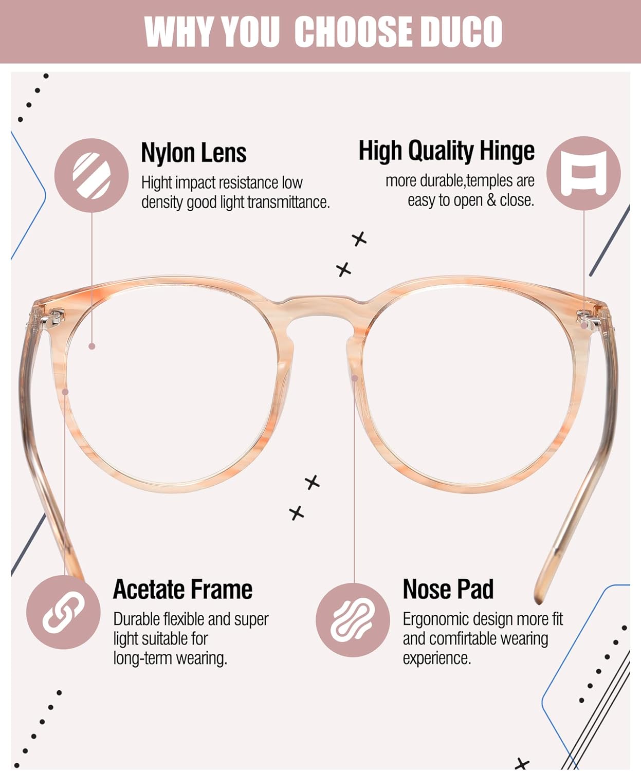 DUCO Retro Round Blue Light Glasses For Men Women Blue Ray Blocking Glasses Computer Gaming Glasses Nylon Lens Acetate Frame Brown 8301