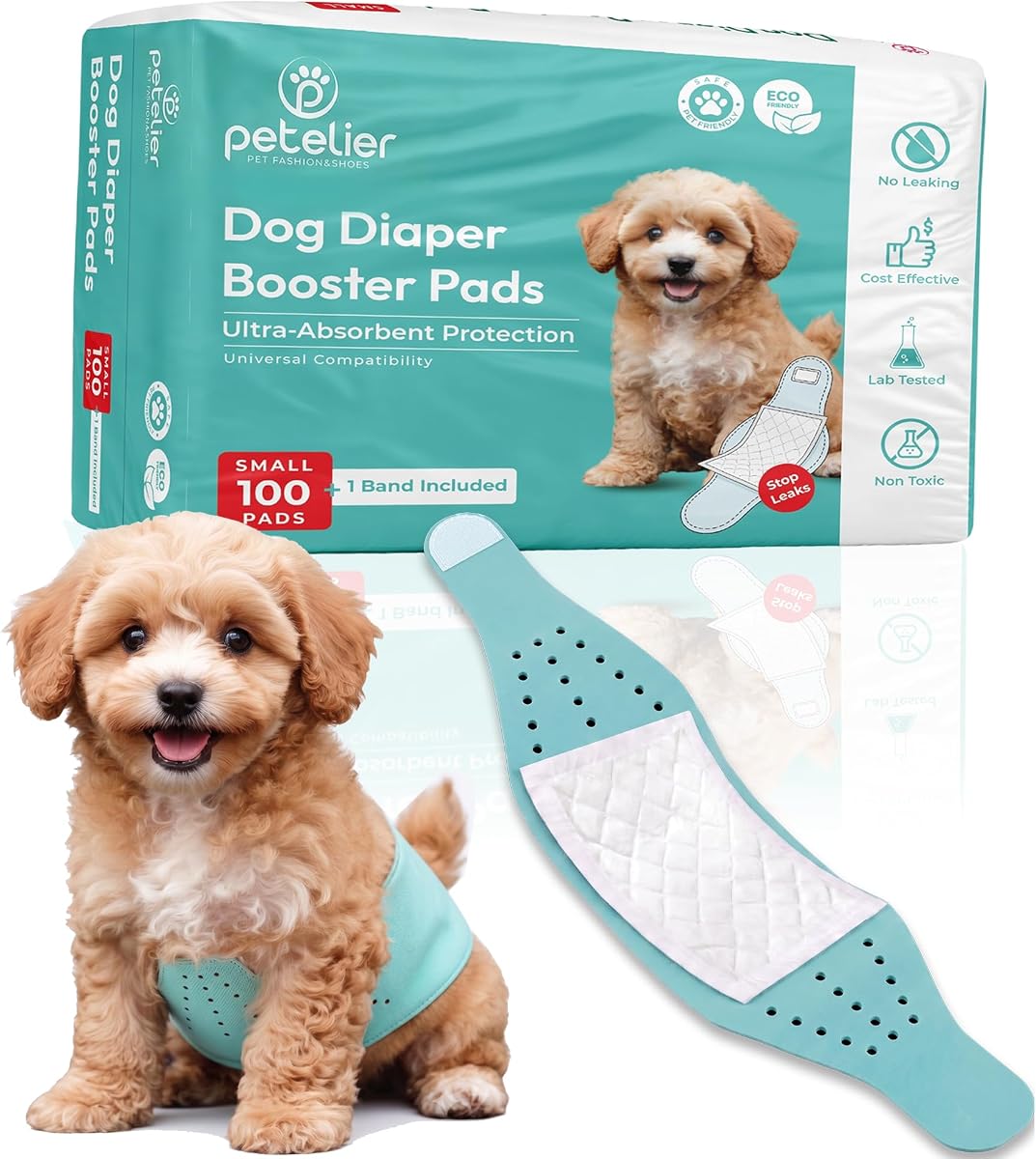 Dog Diaper Liners & Booster Pads for Male & Female Dogs, Small, 100 Ct + Flexible Reusable Band | Super Soft, High Absorbency Inserts | US Material × Korean Tech