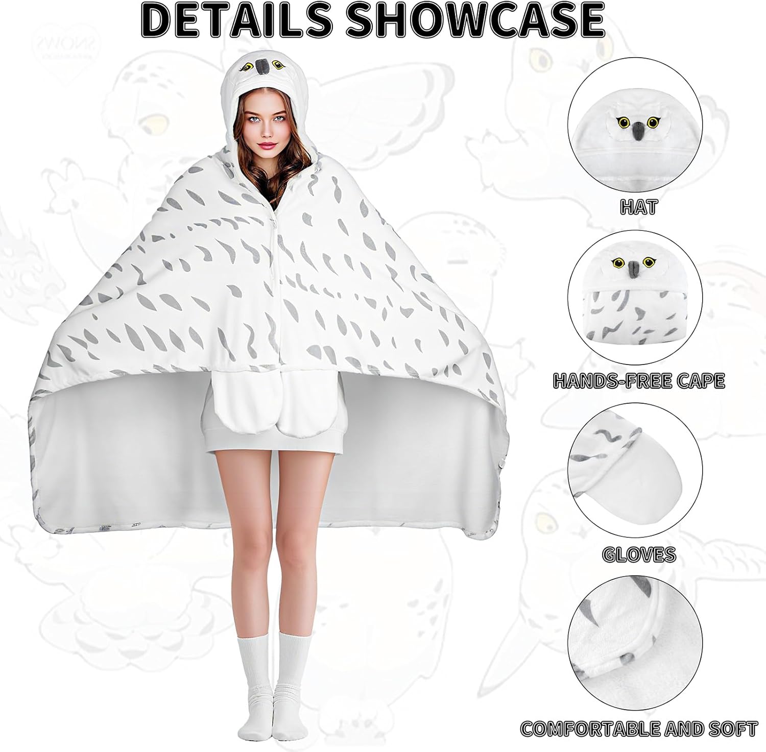 Snowy Owl Wearable Hooded Blanket Adult Gift - Cozy Blanket Hoodie Cape Throw for Women Men, Birthday Holiday Presents