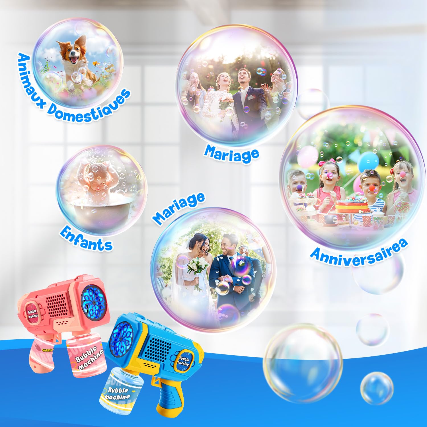 EagleStone 2 Pistolets à Bulles LED pour Enfants, Machine à Bulles Automatique avec 4 Bouteilles 10 Sachets de Solution，Jouets d'extérieur, Cadeaux de Mariage et de fête de Pâques