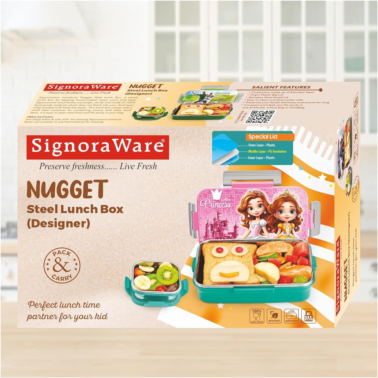 Signora Ware Nugget Printed Stainless Steel Lunch Box | Airtight & Leakproof | Maintain Crispness & Freshness | Ideal for School Kids | Great for Picnic & Outdoor Activities (700ml + 130ml | Pink) — Amazon image 8