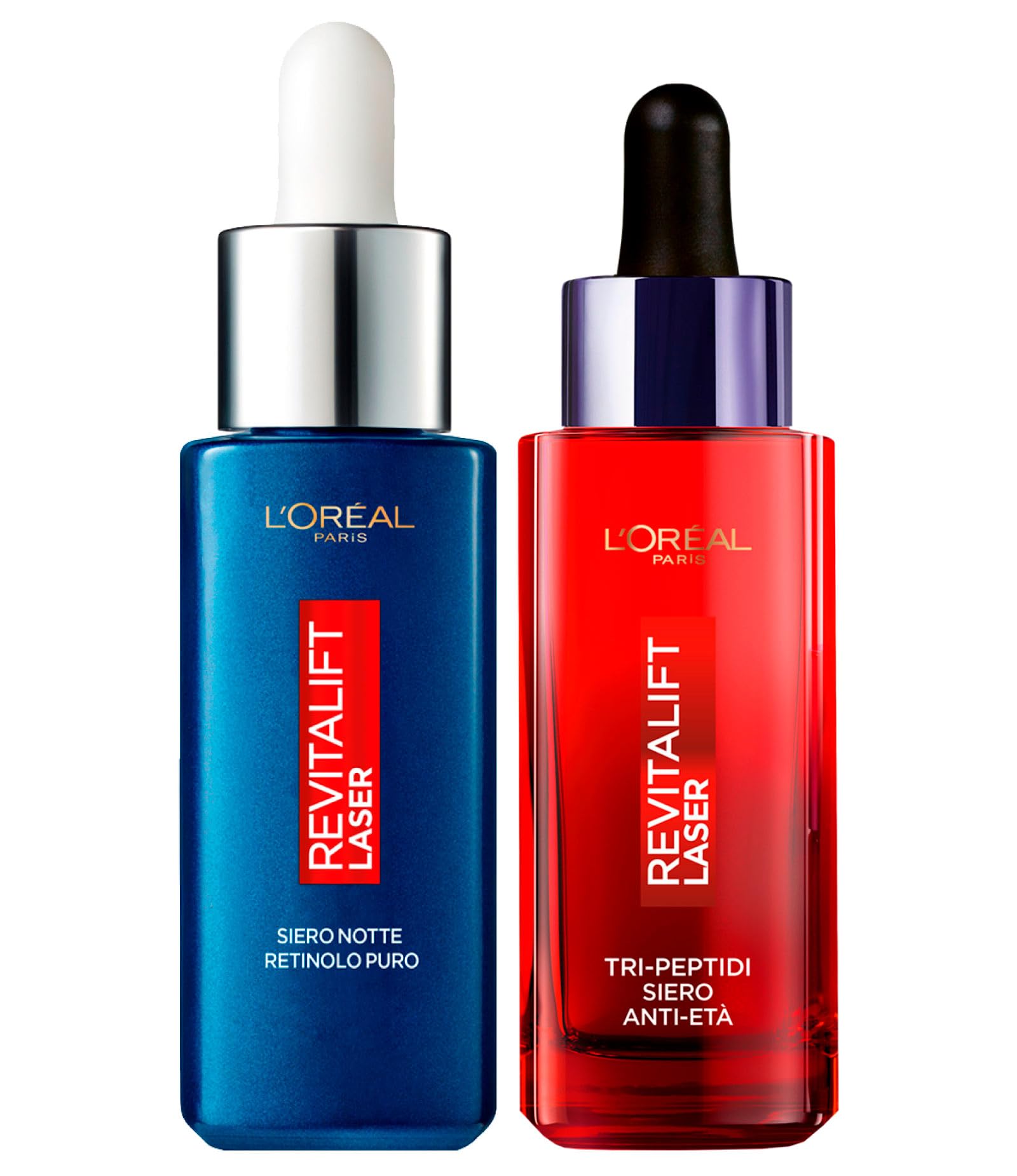 L'Oréal Paris Revitalift Laser Tri-Peptidi Anti-Aging-Serum mit Hyaluronsäure und Vitamin C 30 ml + Nachtserum mit reinem Retinol reduziert tiefere Falten 30 ml - 2 Serum