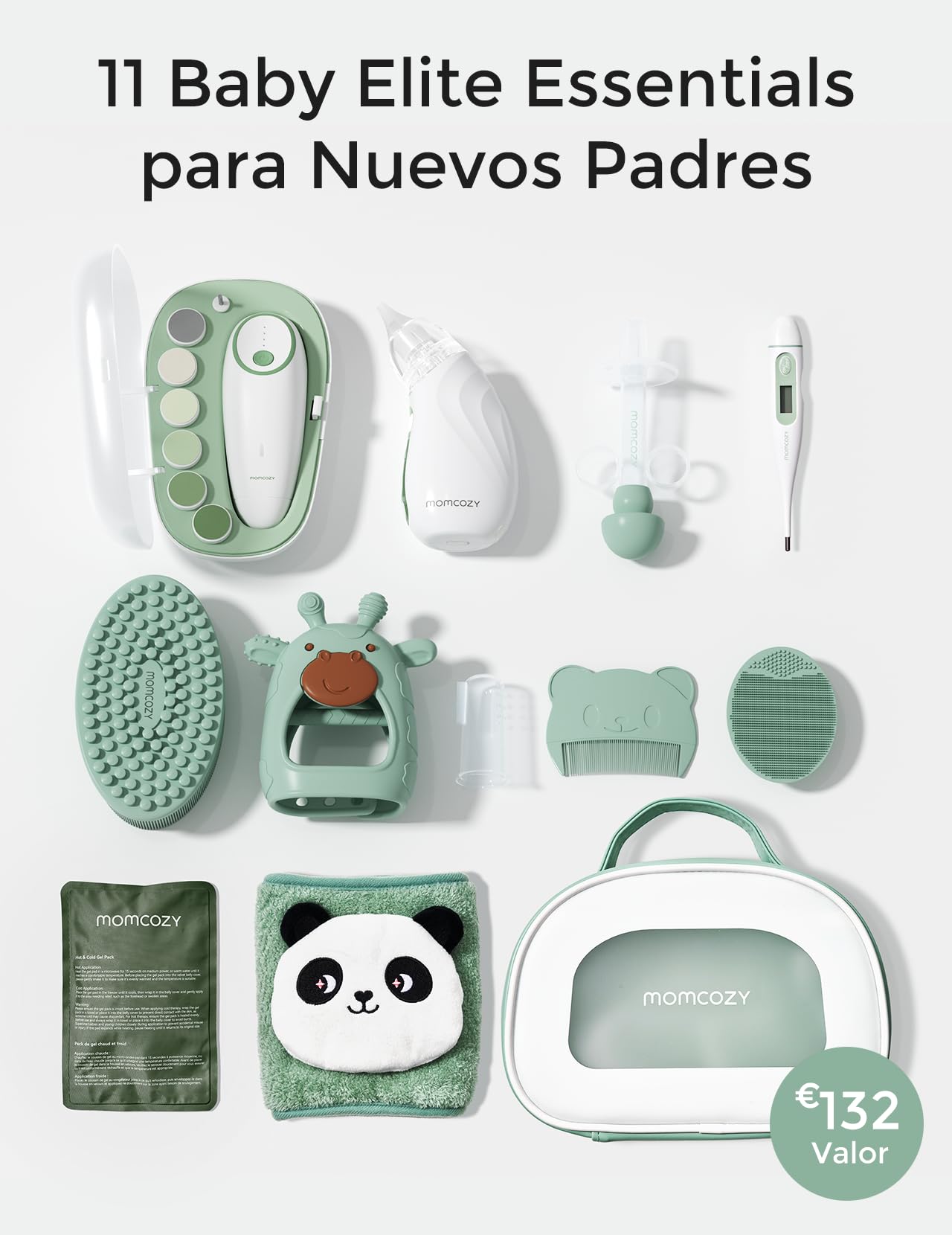 Momcozy Elite Kit Bebe, Neceser Bebe para Cuidado & Limpieza, Cosas para Bebes Recien Nacidos Incluye Electrico Lima Uñas & Aspirador Nasal, Cinturón de Vientre, Termometro, Cepillo Dientes y de Baño