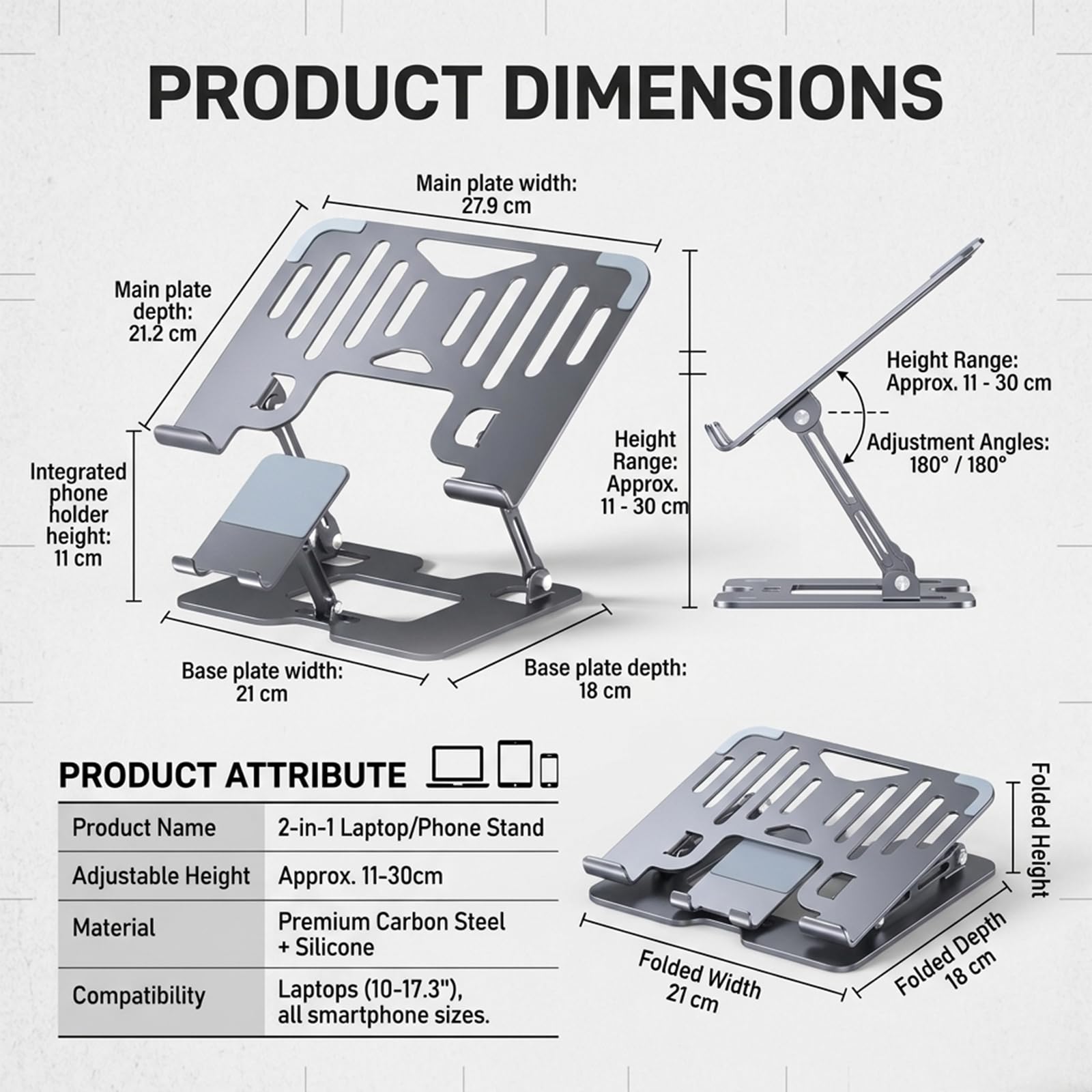 Supporto per PC Portatile Regolabile in Altezza, 2-in-1 con Supporto per Telefono, Supporto Ergonomico per Notebook Pieghevole in Acciaio al Carbonio per 10-17,3 Pollici per Ufficio