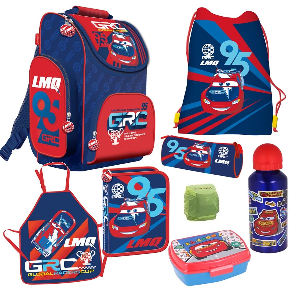 Familando - Schulranzen Set - 8-teilig mit Lunch-Set - Disney Cars - Ergonomisch, stabil & mit gepolstertem Rücken - 1010g leicht - 15L Volumen - Mit Reflektoren - Für Grundschule ab 1. Klasse