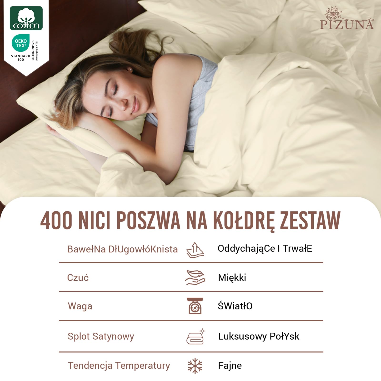 Pizuna 100% Bawełna Poszewka na Kołdrę 140x200 cm kość słoniowa 400-nitkowa