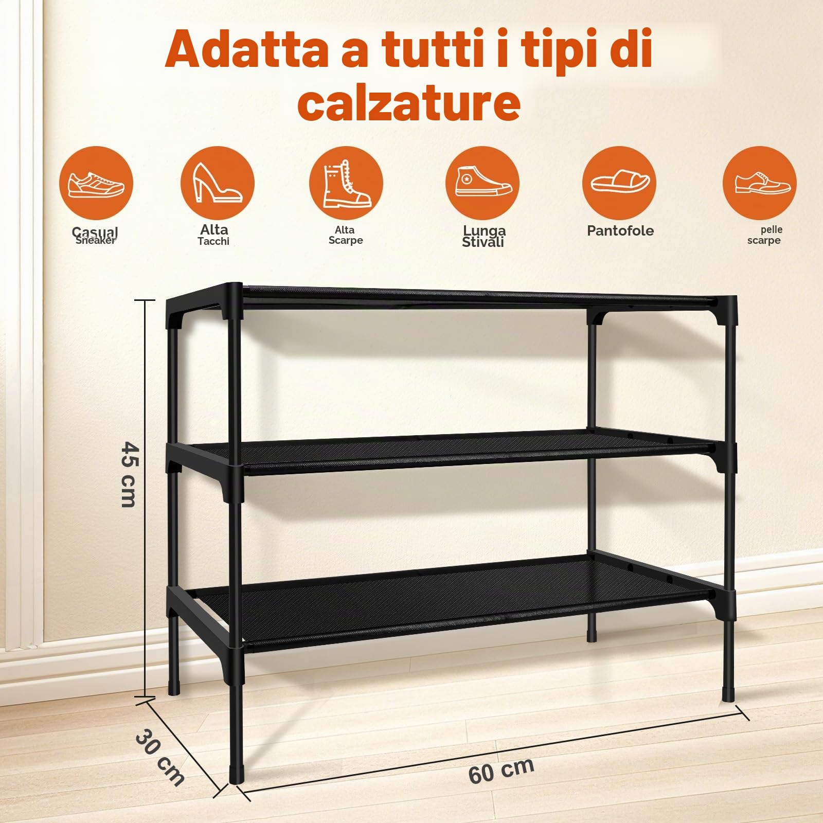 Scarpiera a 3 Ripiani, Impilabile Scaffale Portascarpe Organizzatore in Metallo per 9 Paia di Scarpe per Soggiorno, Corridoio, Camera da Letto (60 x 30 x 36 cm, Nero) (60 x 30 x 45 cm, Nero)
