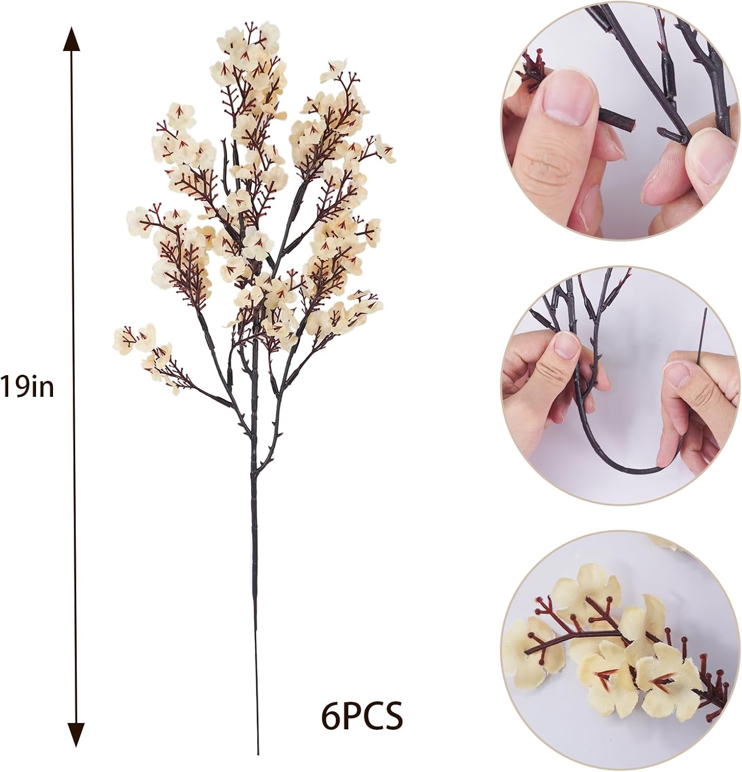 Uieke 6 Pcs Artificial Flowers Baby Breath Faux Champagne Artificial Gypsophila Bouquet Fake Silk Flowers Real Touch for Home Office Kitchen Wedding Wall DIY Room Farmhouse Décor - Image 3