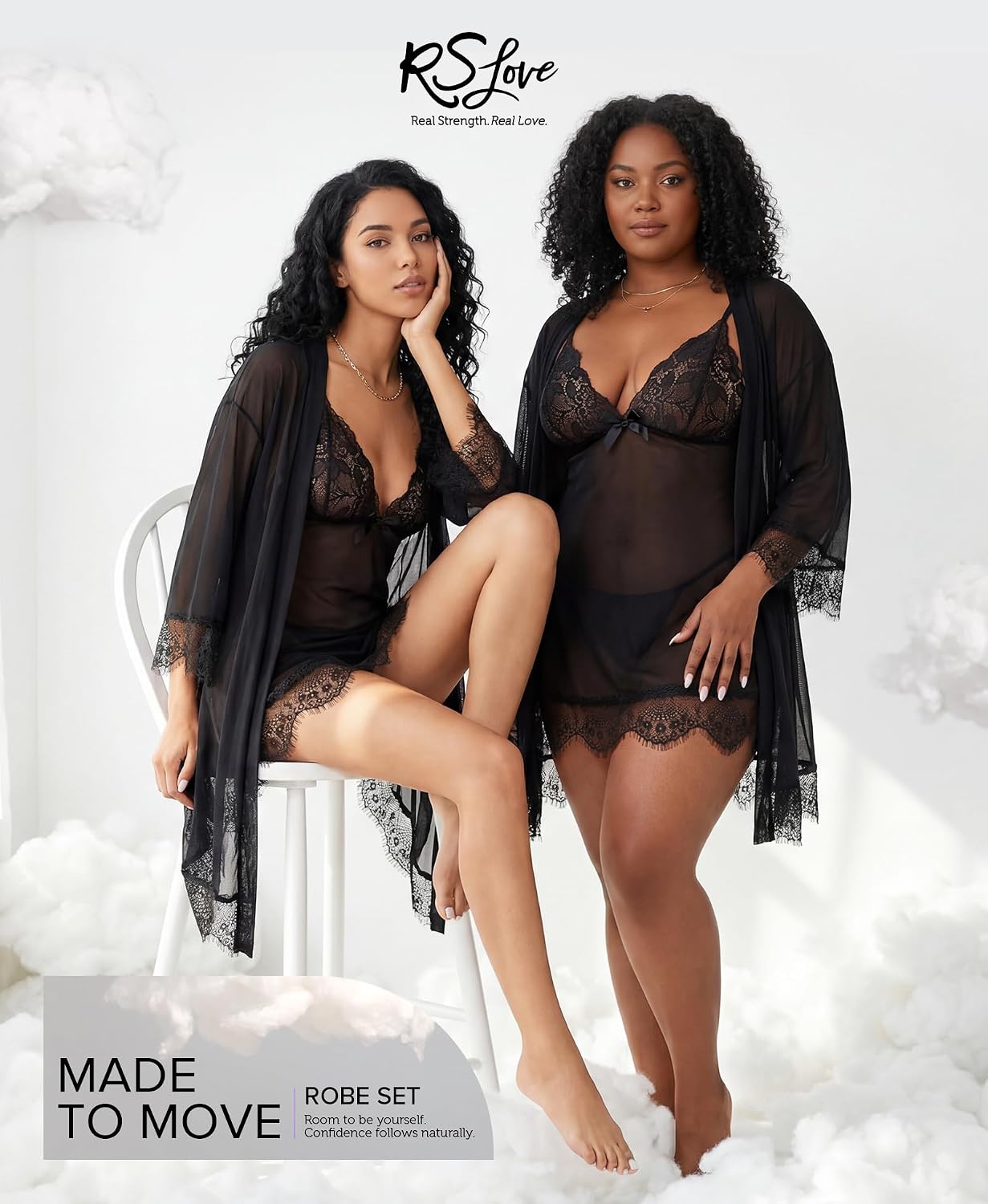 RSLOVE Women Sexy Lingerie Set 3 Piece Babydoll & Lace Kimono Robe Strap Chemise Sleepwear Mesh Nightgown