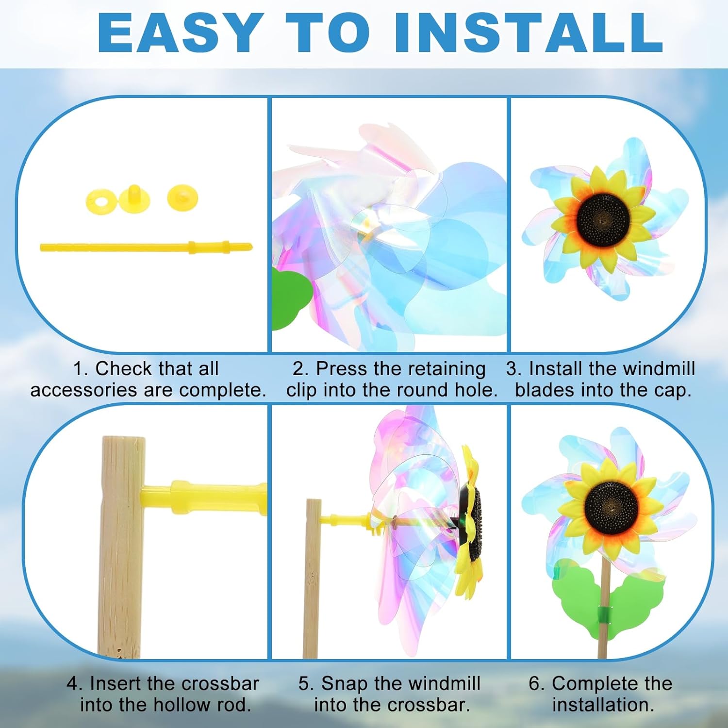 HARFINGTON Pinwheels 16.5" Wind Spinner Reflective Pinwheels 7 Leaves Wooden Windmill with Sunflower Wooden Sticks for Garden Yard Patio Lawn Outdoor Party Favors Gifts, Colorful