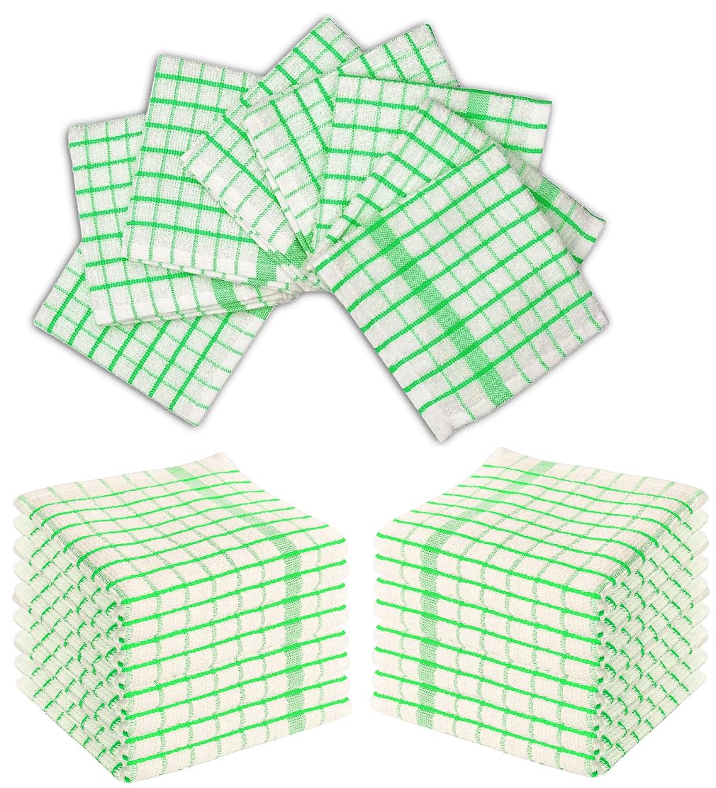 Wholesale Trade Dealz Mono Check Terry Tea Towels Pack of 4, 6 & 12-100% Egyptian Cotton Super Soft High Absorbent Lint Free Wonder Dry Tea Toweling Dish Cloth Large Kitchen Towels (12, Green)
