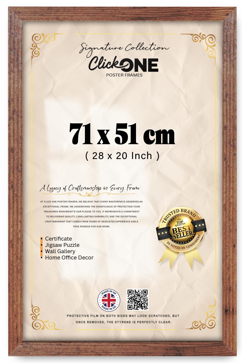 Click One Classic Rectangle Picture Frame 71 X 51 CM Safety Styrene Engineered Wood Rustic Finish Wall Display For Prints Art Posters Photographs Home Office Living Room Dining Area