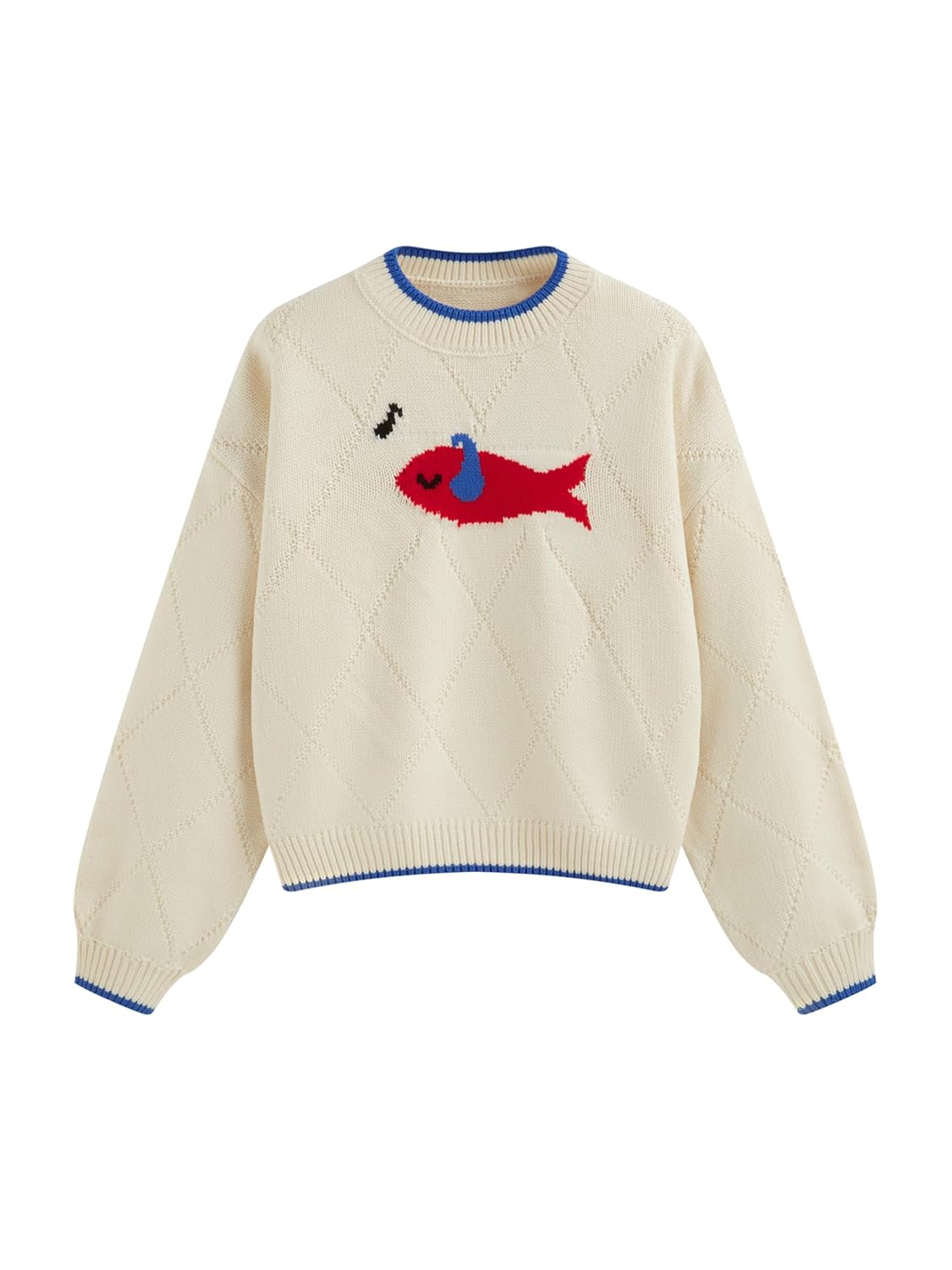 CIDER Knit Round Neckline Fish Graphic Contrasting Binding Oversized Top
