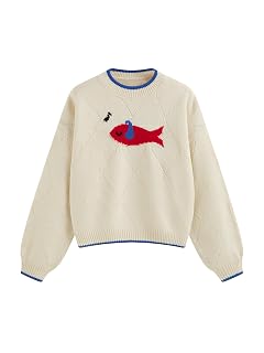 CIDER Knit Round Neckline Fish Graphic Contrasting Binding Oversized Top