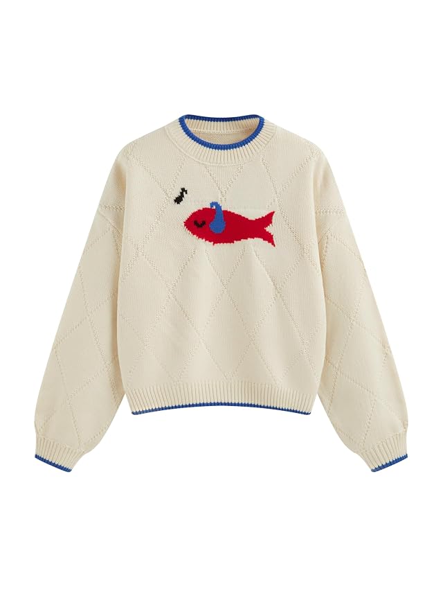 CIDER Knit Round Neckline Fish Graphic Contrasting Binding Oversized Top