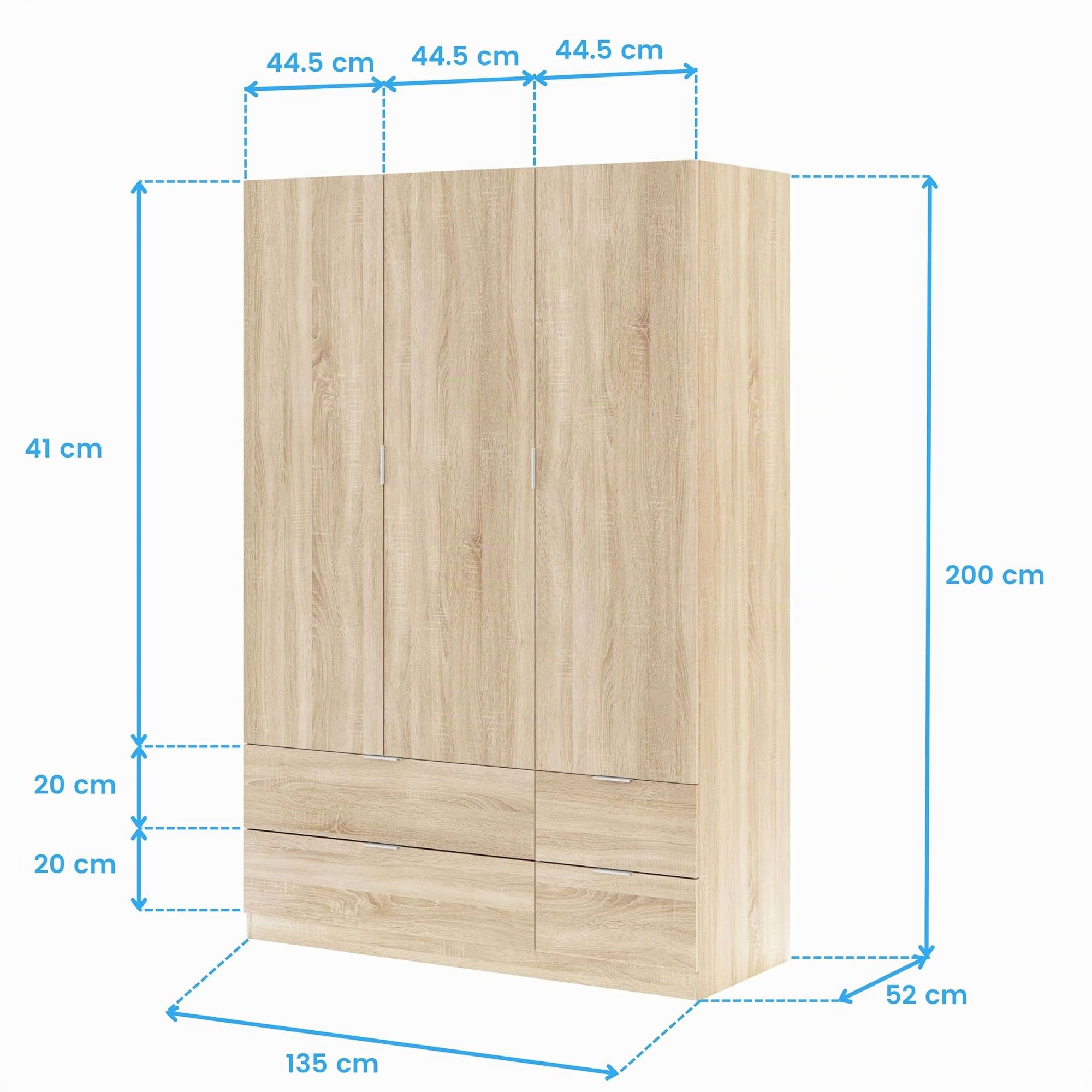 Habitdesign LCX453F – Armadio Ropero 3 ante e 4 cassetti, armadio camera da letto, dimensioni: 200 cm (altezza) x 135 cm (larghezza) x 52 cm (profondità)