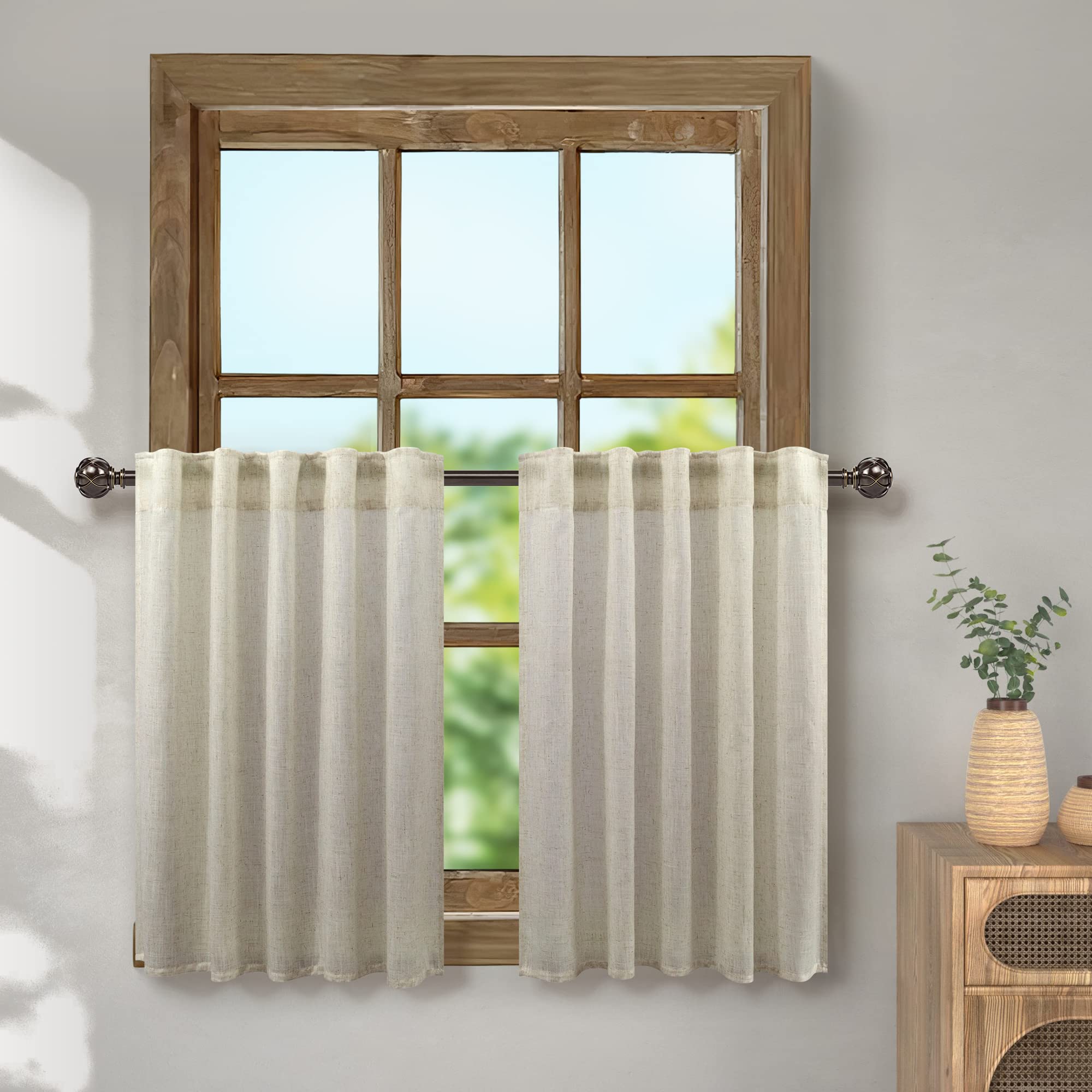 Country Kitchen Curtains for Small Windows 30 Inch Length 2 Tier Panels Back Tab Top Pocket Beige Burlap Color Thick Sheer Short Linen Curtains for Bedroom Basement Garage Playhouse School Dorm Office