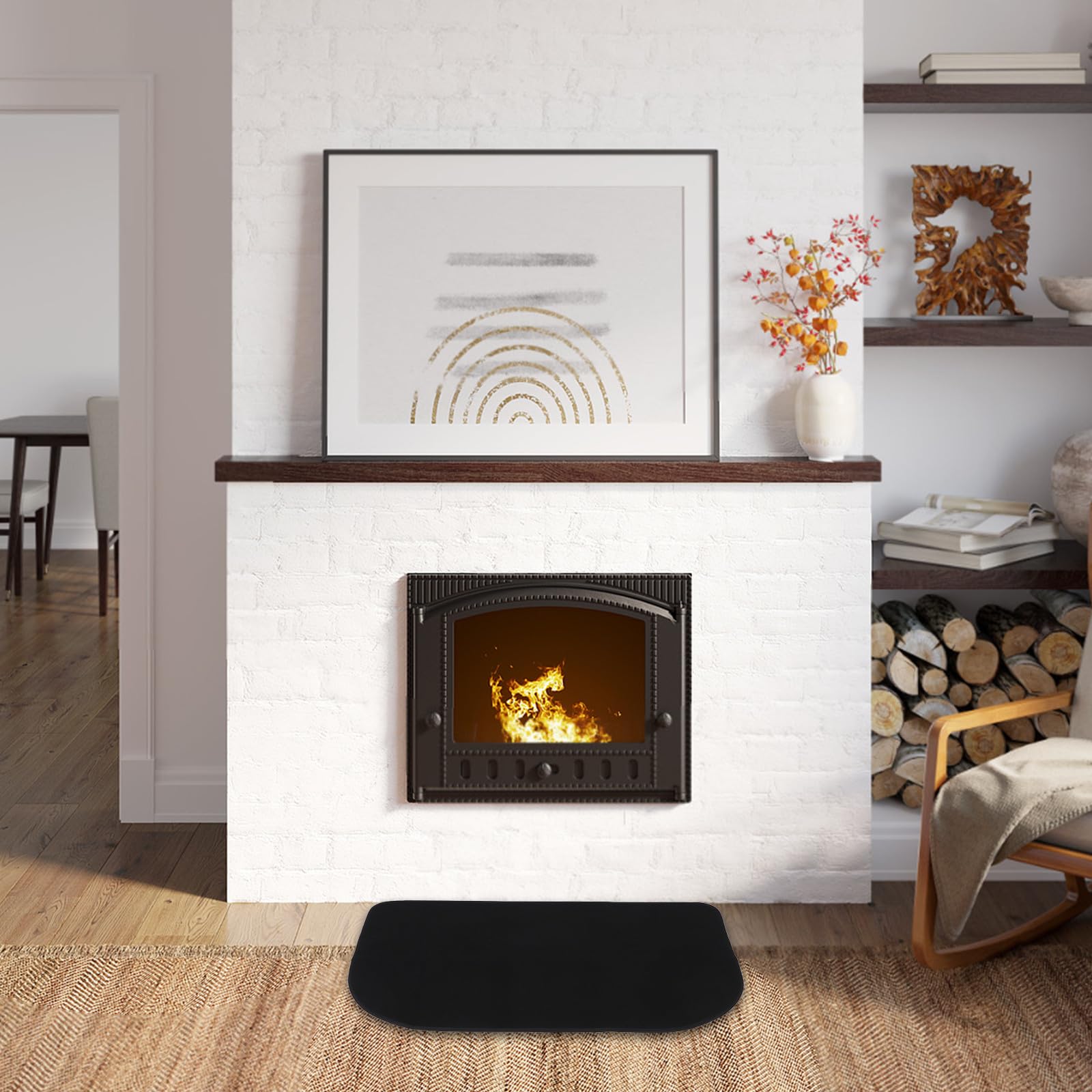 Lurrose Tappeto in Poliestere e Pvc Resistente alle Alte Temperature Forma Mezza Luna Nero Ignifugo Facile da Pulire per Caminetto per Interni ed Esterni