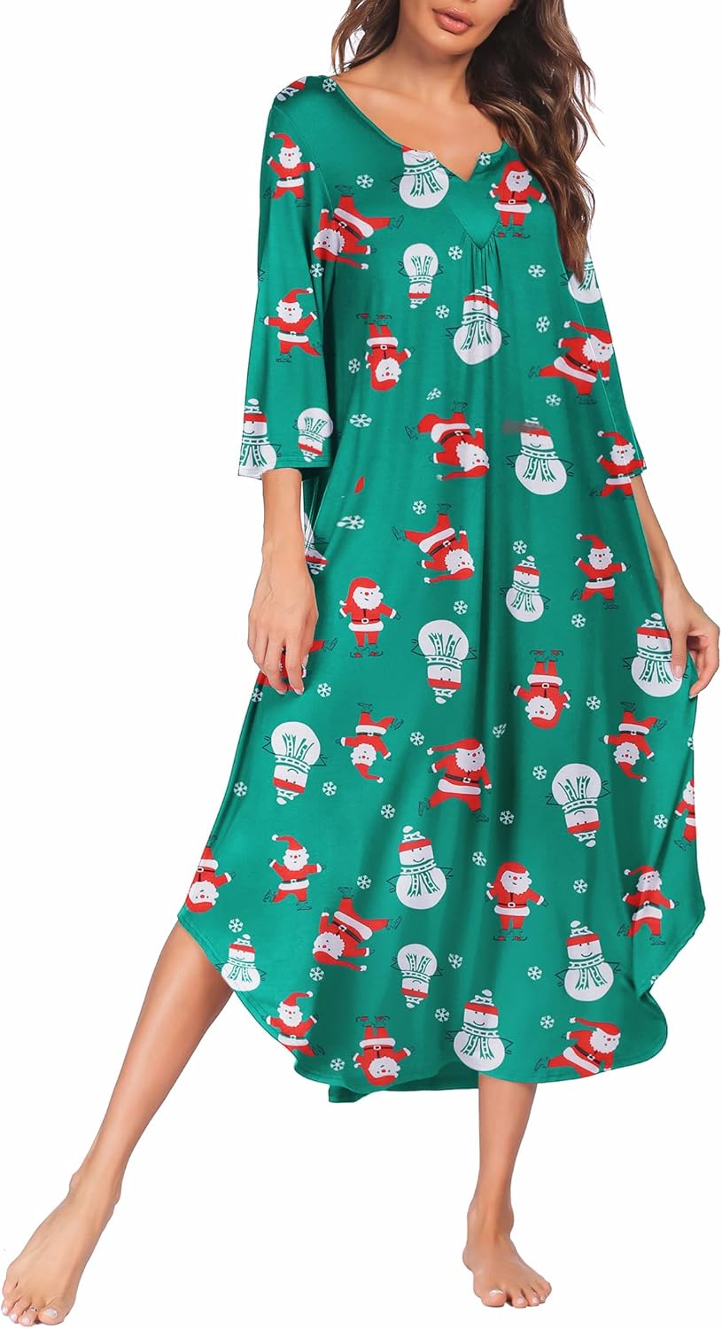 Ekouaer Long Nightgown for Women 3/4 Sleeves Nightshirt Maxi Sleep Dress Plus Size Loungewear Full Length Sleepwear
