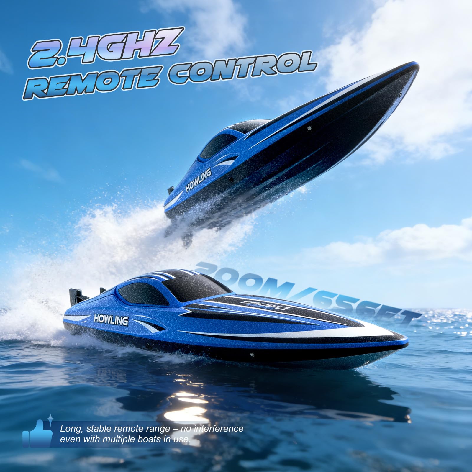 Ferngesteuertes Boot mit LED-Beleuchtung, 42CM RC-Boot, 35 km/h, Selbstaufrichtend, 2 Akkus, 2,4 GHz Fernsteuerung, Wasserdicht & Kentersicher, für Kinder Erwachsene, Pool See (blau)