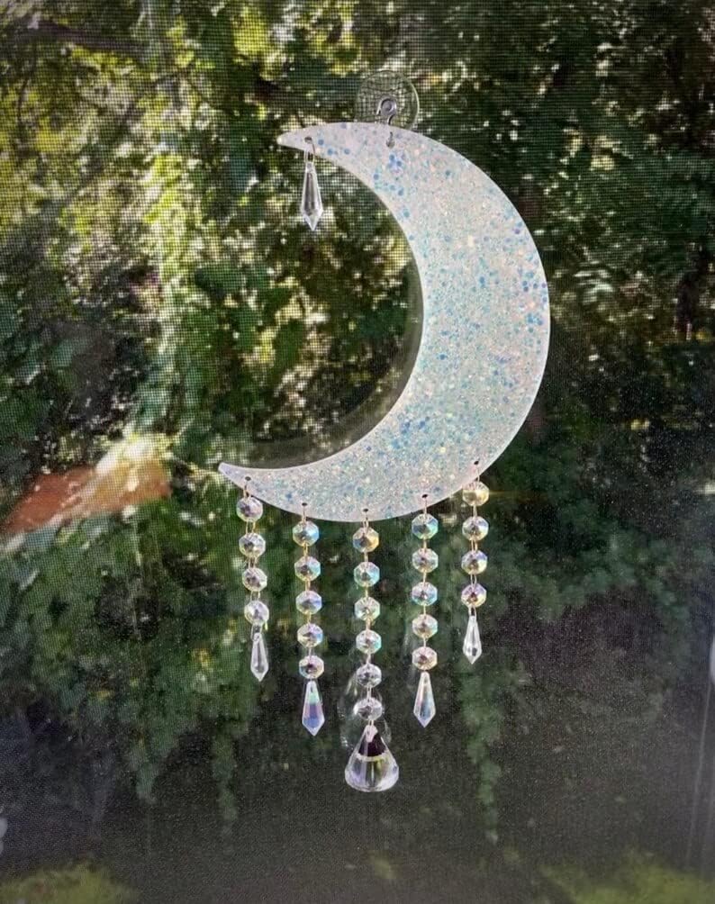 Crescent Moon Crystal Suncatcher, Window Wall Hanging Decor, Pretty Dream Catcher, Rainbow Maker, Prism Light Catcher, House Warming Gift (Crystal Color - Blue and Purple)