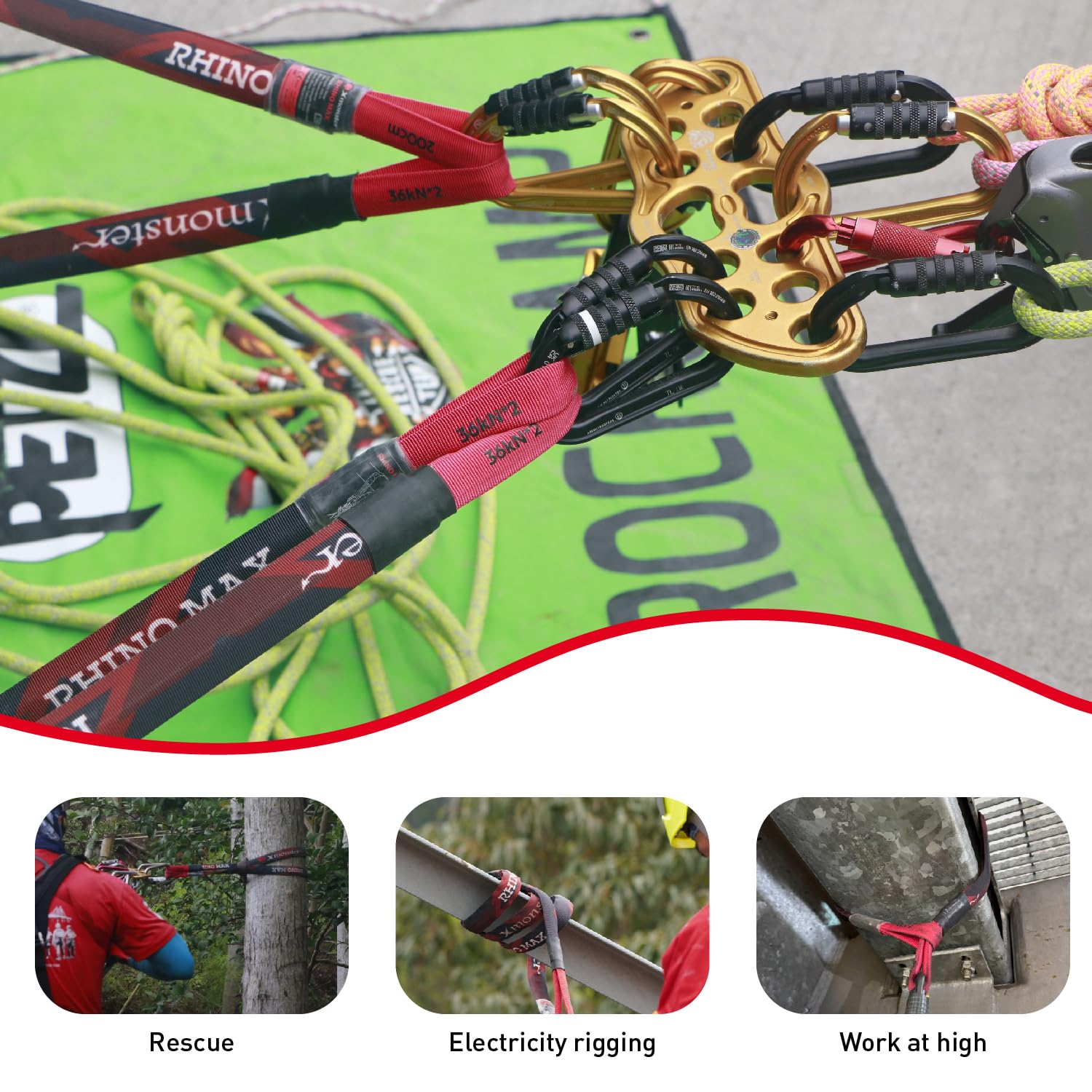 Xmonster Rhino Max - Eslinga de anclaje de doble núcleo de alta resistencia, 36 kN + 36 kN, ligera, resistente al desgaste (1,2 m y 2 m)