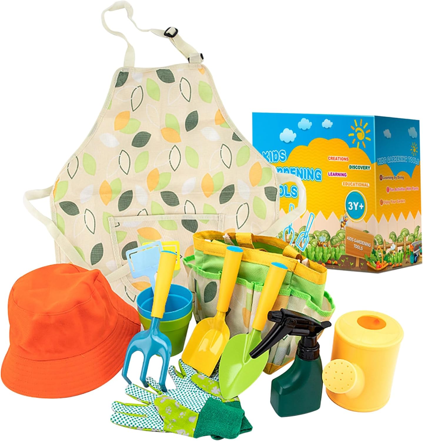 Kids Gardening Set 11PCS Toddler Tools Including Shovel Rake Watering Pot Gloves Apron Hat Flowerpot & Tote Bag Boys Girls