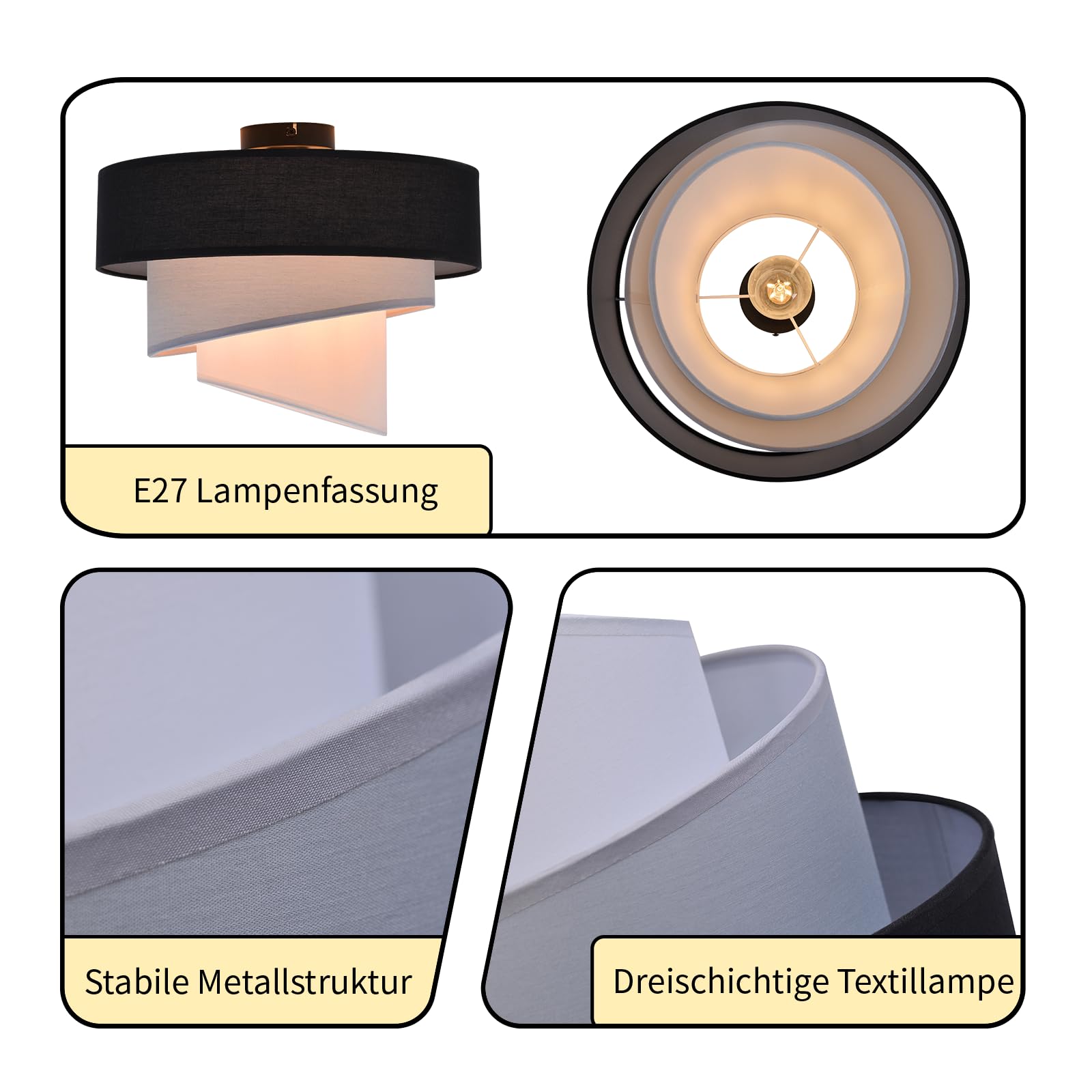 ZMH Deckenlampe Schlafzimmer Deckenleuchte Stoffschirm - E27 Stoffdeckenlampe Ø40cm Warmweiß Schlafzimmerlampe Stoff Schwarz Modern Deckenbeleuchtung für Küche Flur Büro (ohne Leuchtmittel) | Stoffdeckenlampe Warmweiß Stoff Schwarz Modern Deckenbeleuchtun